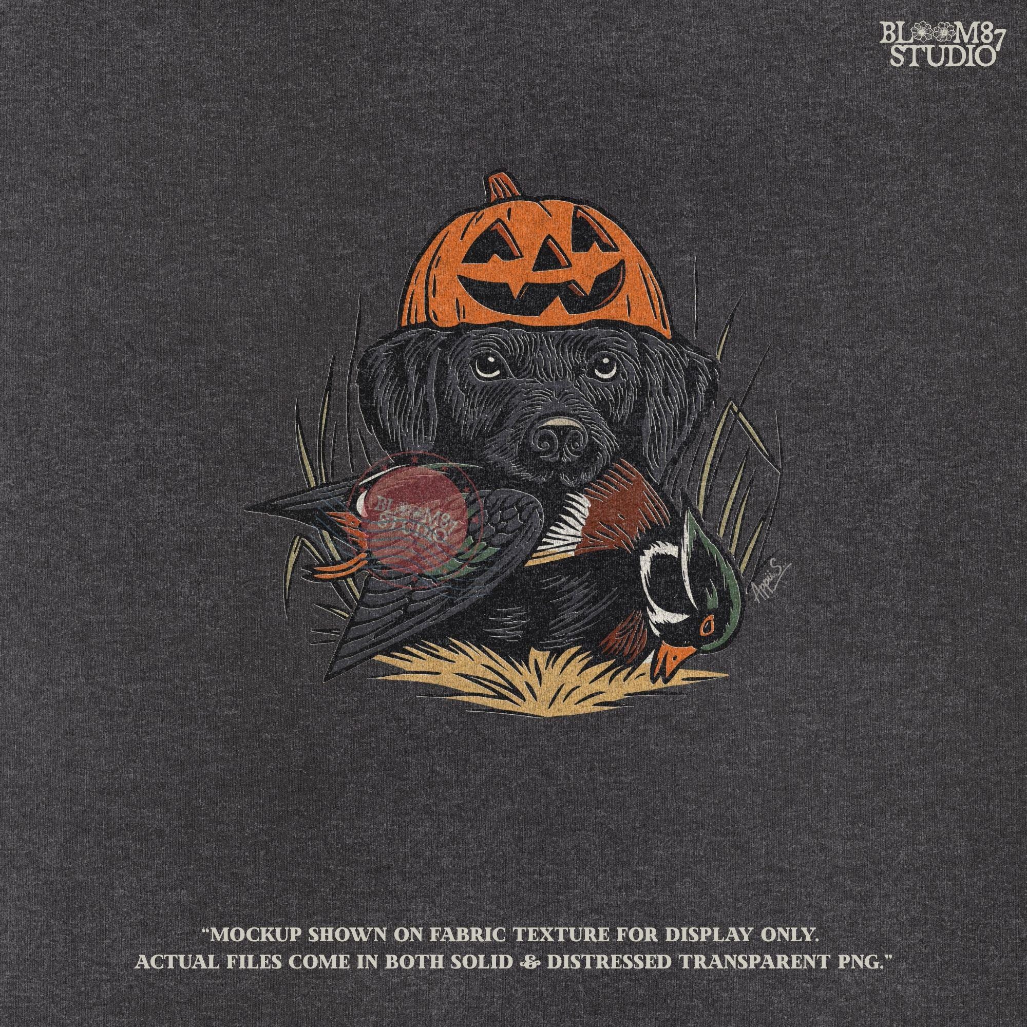 Solid version: "Black Labrador wearing pumpkin jack o lantern hat holding duck, Halloween hunting dog sublimation PNG solid style"

Distressed version: "Halloween hunting dog with pumpkin hat and duck, black lab sublimation PNG vintage distressed version"