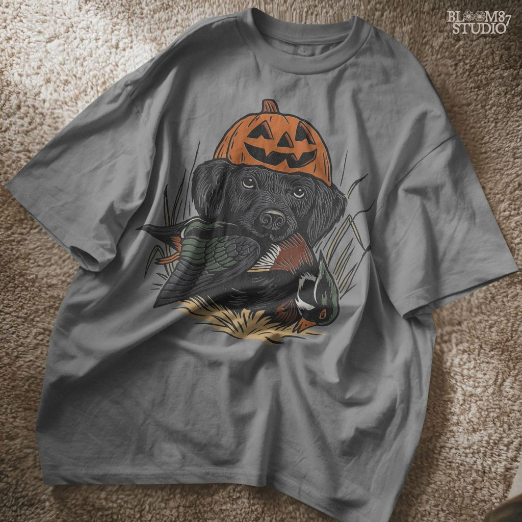 Solid version: "Black Labrador wearing pumpkin jack o lantern hat holding duck, Halloween hunting dog sublimation PNG solid style"

Distressed version: "Halloween hunting dog with pumpkin hat and duck, black lab sublimation PNG vintage distressed version"