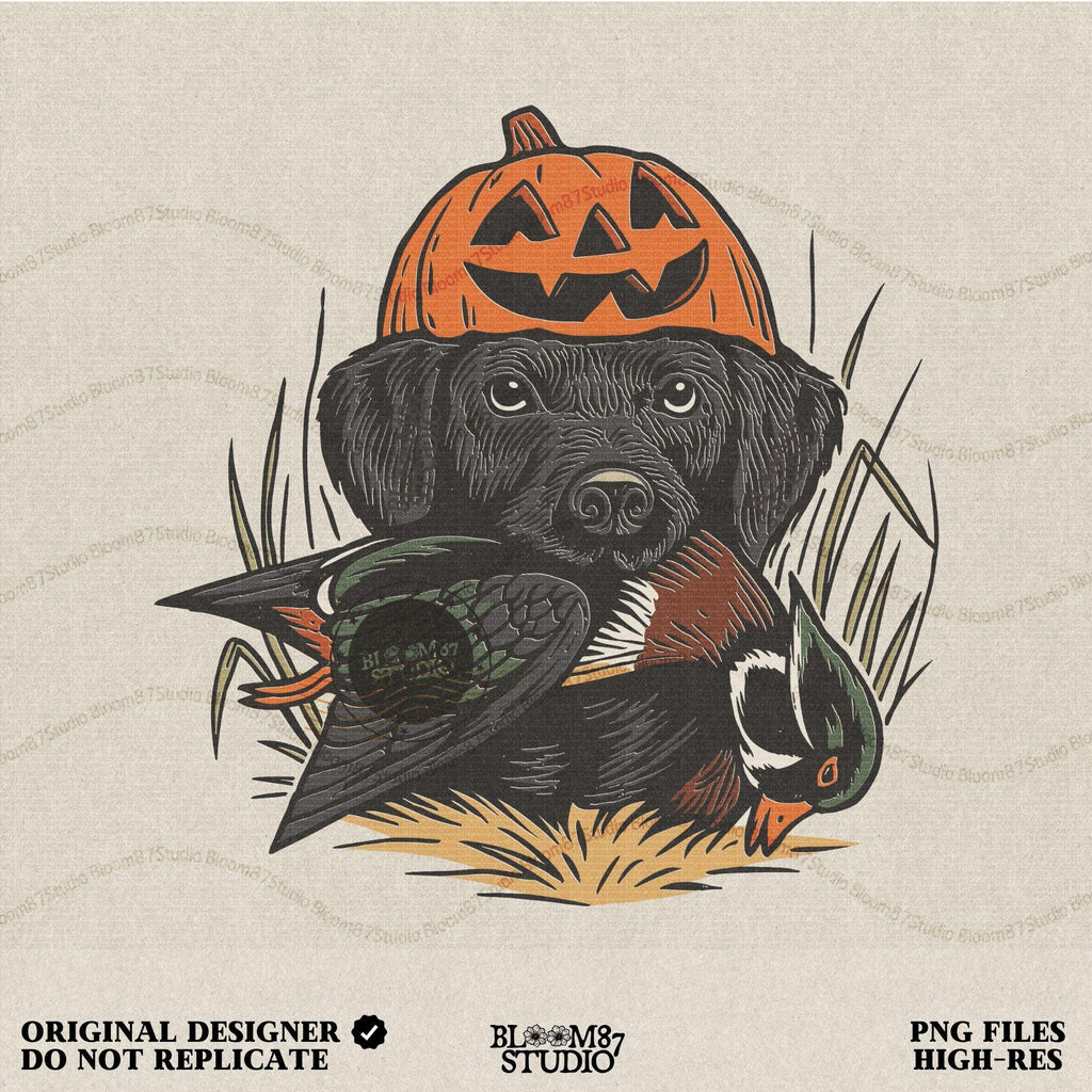 Black Lab Halloween PNG: Hunting Dog with Pumpkin Hat (Digital Download)