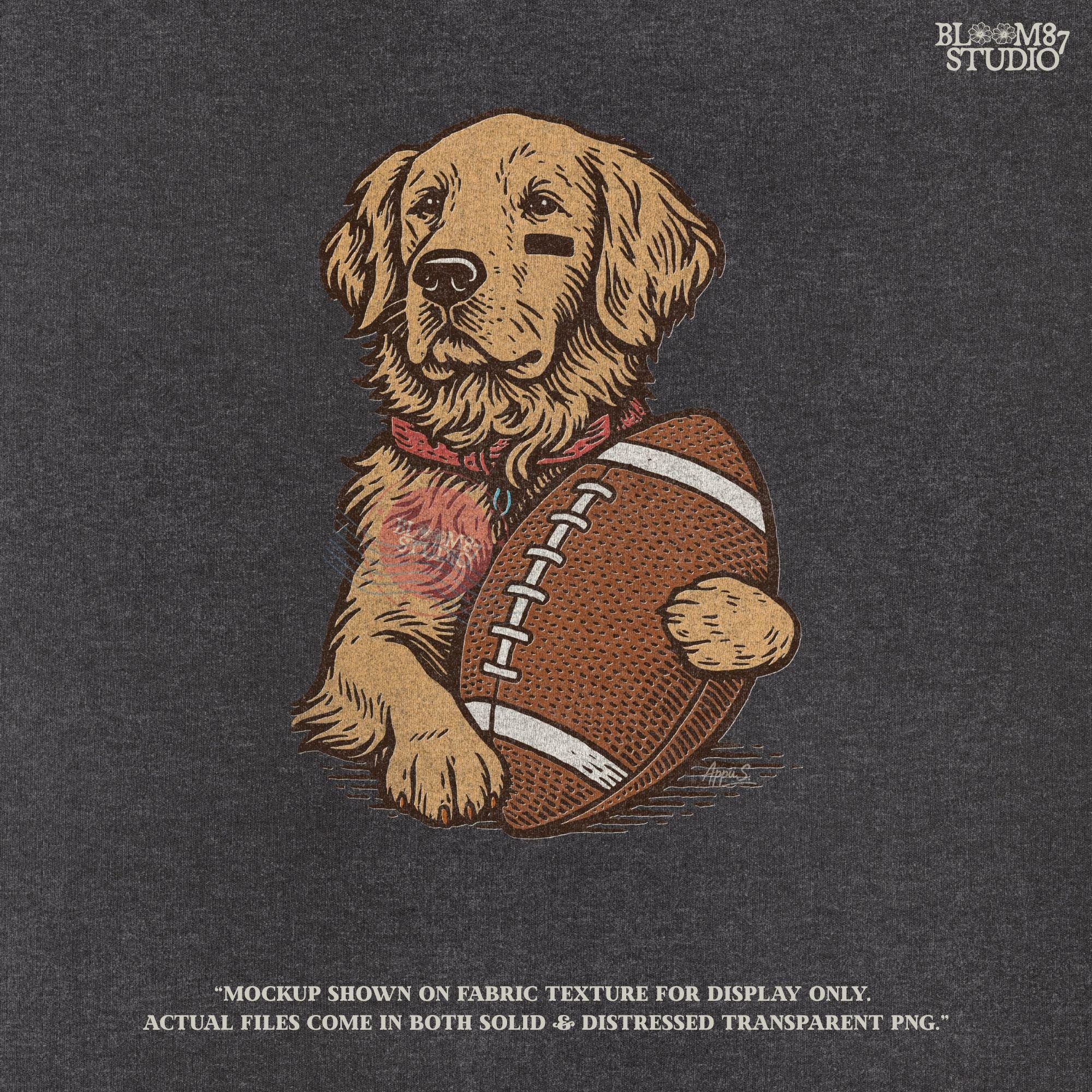 Illustration of a golden retriever holding a football, cute sports dog sublimation PNG for game day shirts, tailgate party designs, and pet lover gifts.