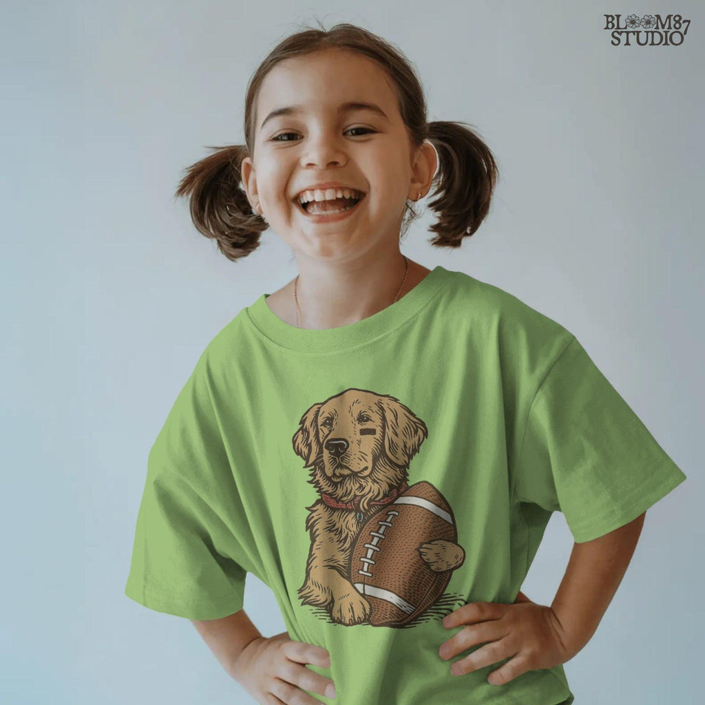 Illustration of a golden retriever holding a football, cute sports dog sublimation PNG for game day shirts, tailgate party designs, and pet lover gifts.