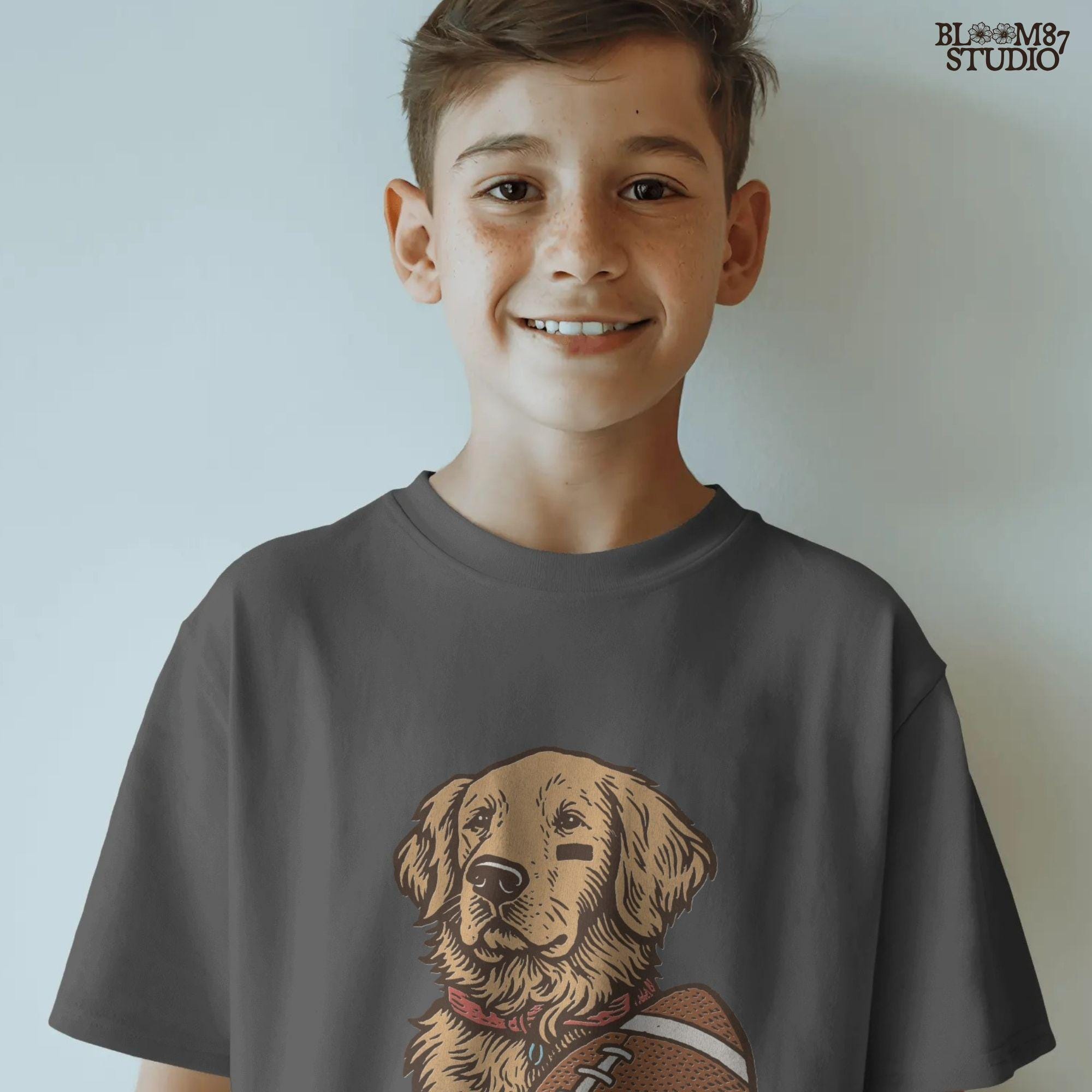 Illustration of a golden retriever holding a football, cute sports dog sublimation PNG for game day shirts, tailgate party designs, and pet lover gifts.