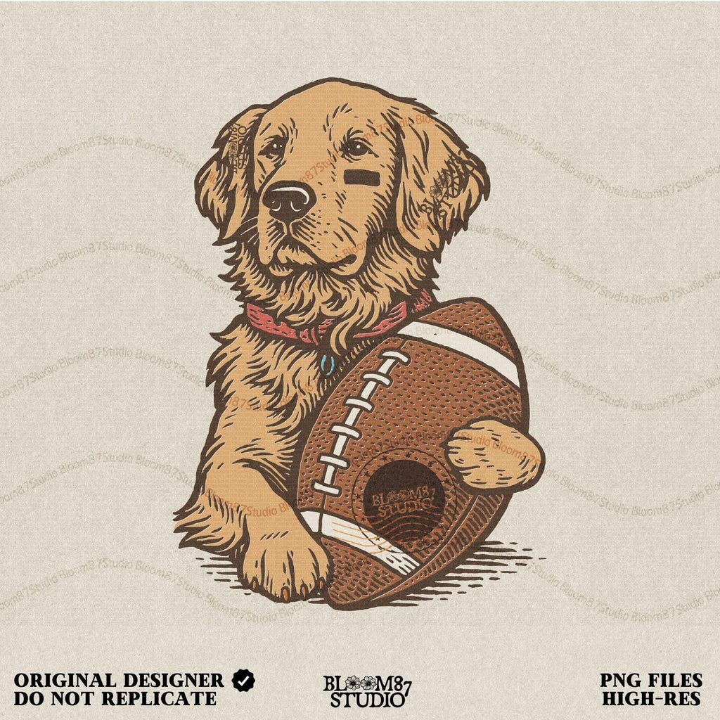 Illustration of a golden retriever holding a football, cute sports dog sublimation PNG for game day shirts, tailgate party designs, and pet lover gifts.