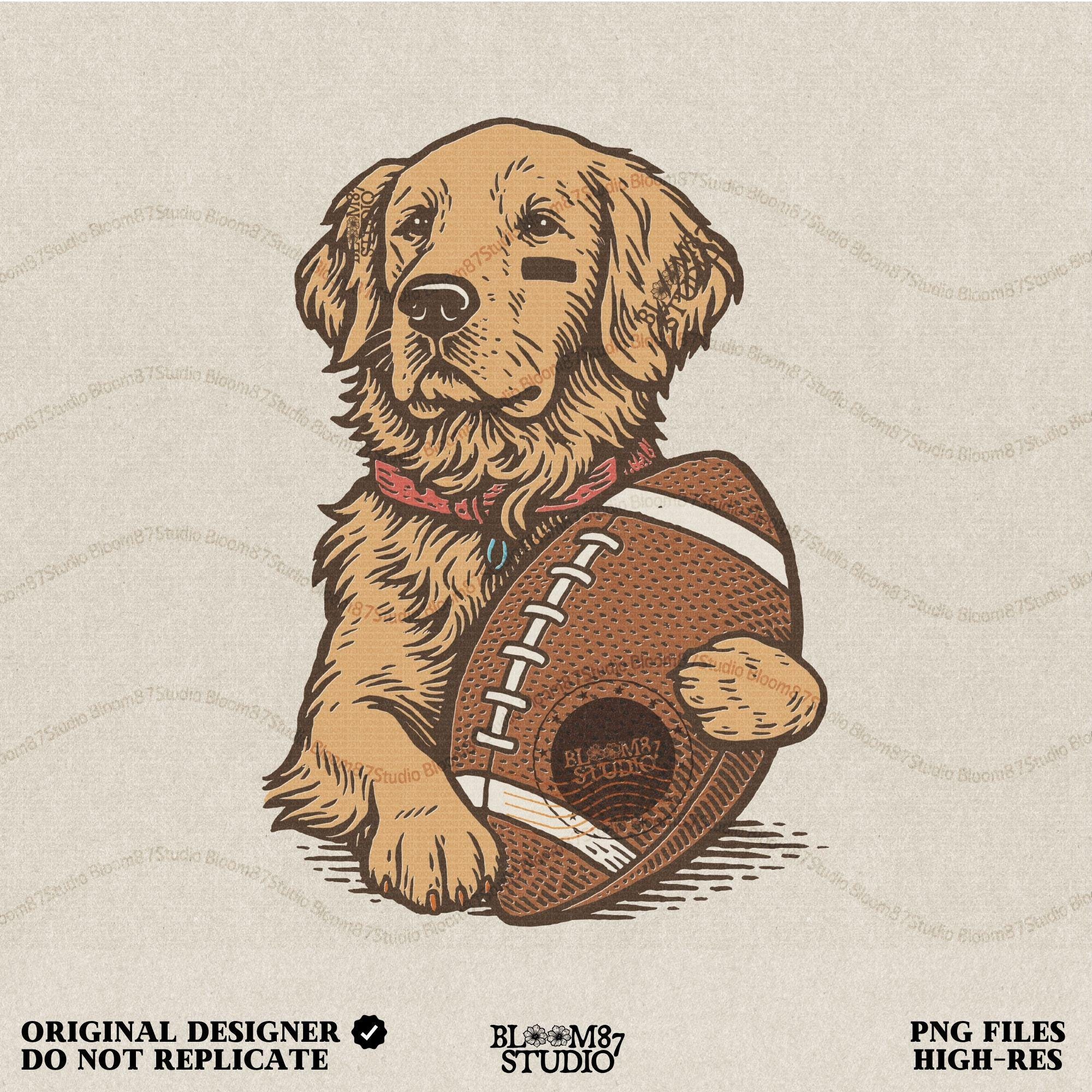 Illustration of a golden retriever holding a football, cute sports dog sublimation PNG for game day shirts, tailgate party designs, and pet lover gifts.