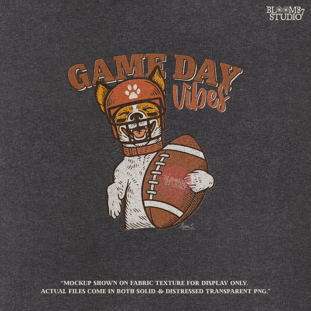 Cartoon Jack Russell Terrier wearing a football helmet holding a ball with the text “Game Day Vibes” – sublimation PNG for sports fans and pet lovers