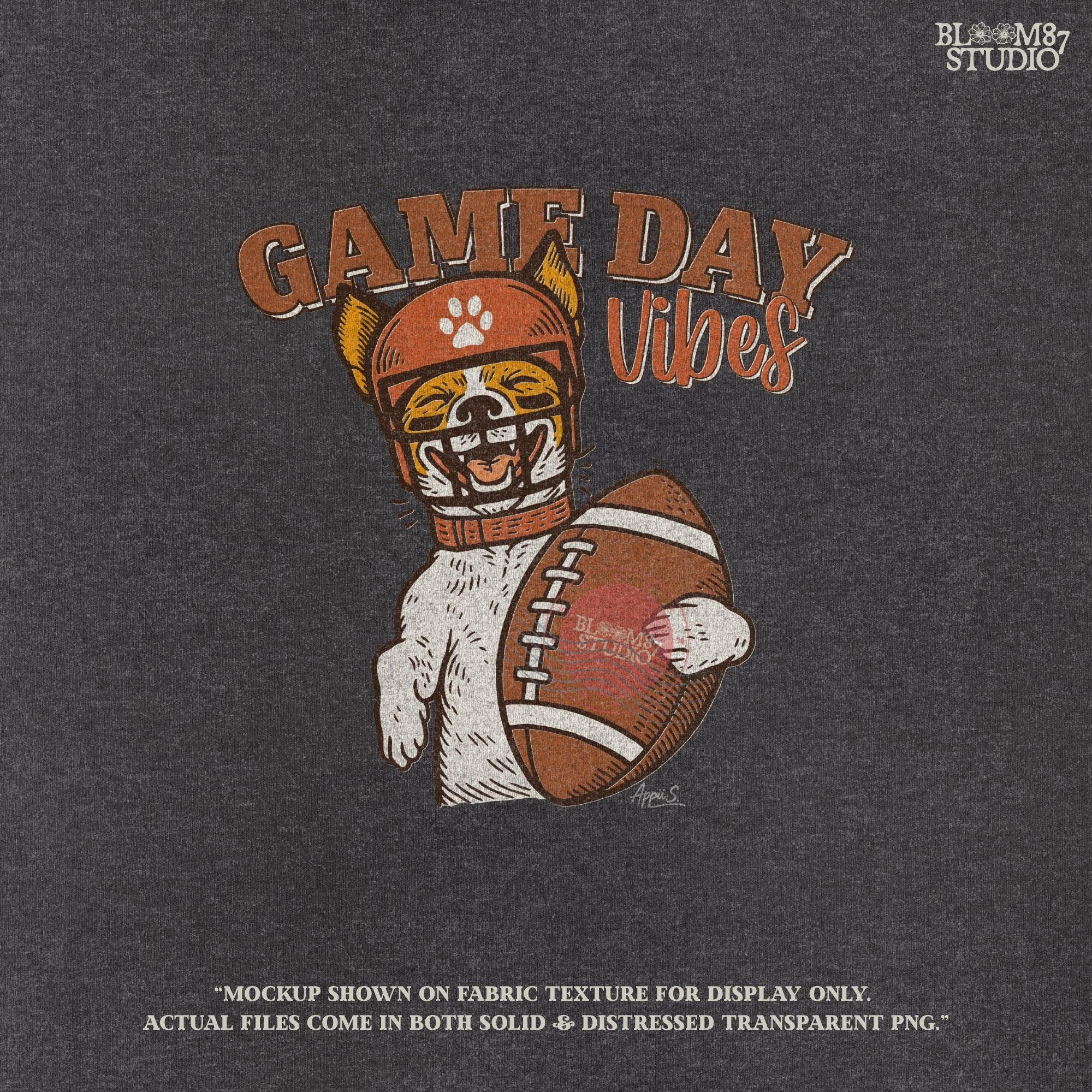 Cartoon Jack Russell Terrier wearing a football helmet holding a ball with the text “Game Day Vibes” – sublimation PNG for sports fans and pet lovers