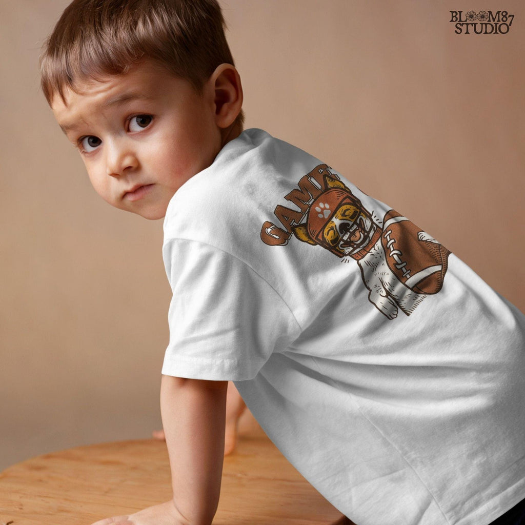 Cartoon Jack Russell Terrier wearing a football helmet holding a ball with the text “Game Day Vibes” – sublimation PNG for sports fans and pet lovers