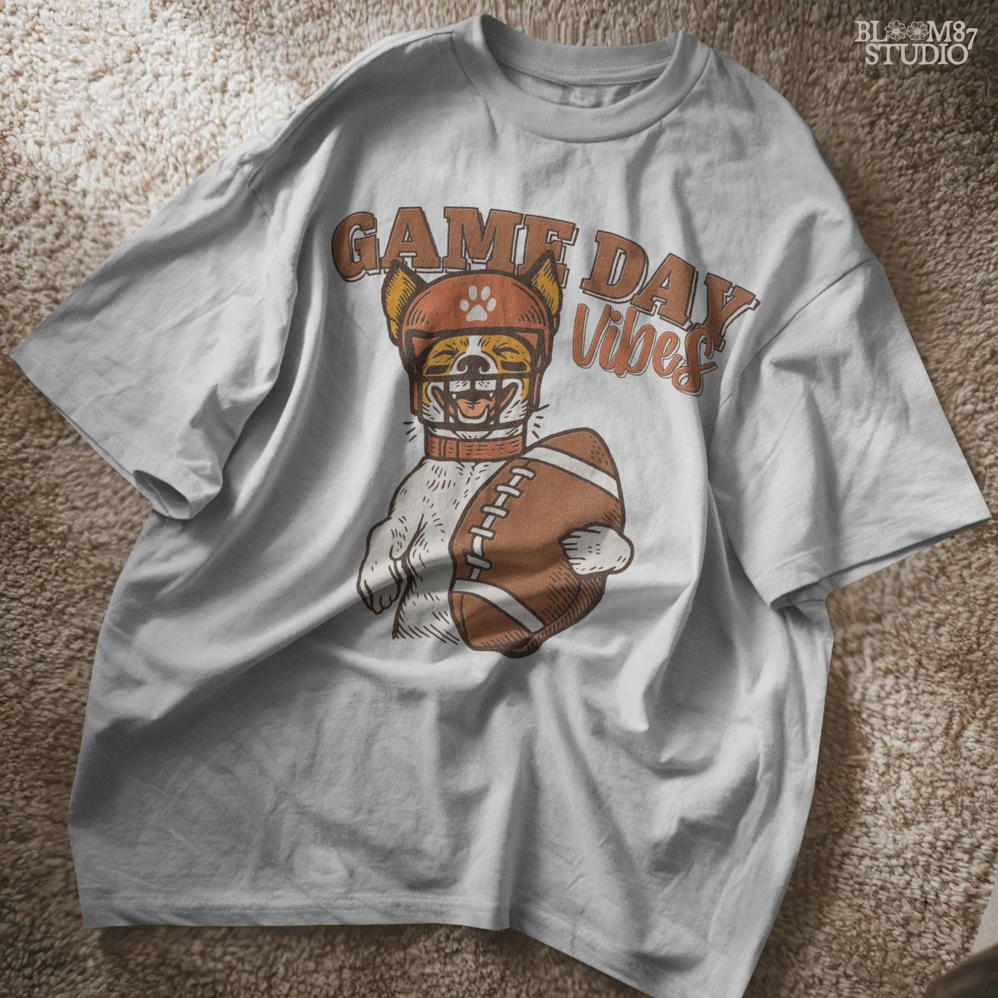 Cartoon Jack Russell Terrier wearing a football helmet holding a ball with the text “Game Day Vibes” – sublimation PNG for sports fans and pet lovers