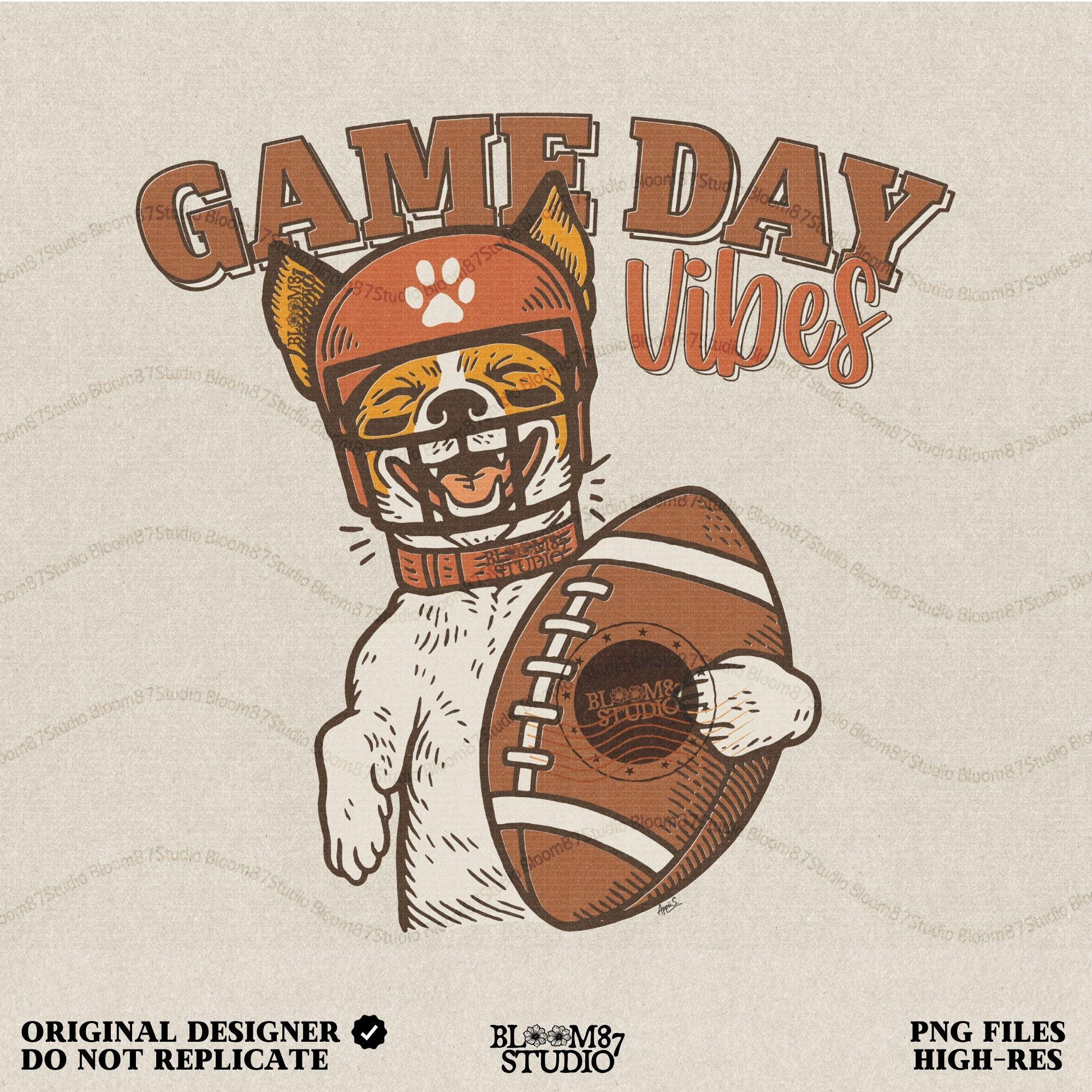 Cartoon Jack Russell Terrier wearing a football helmet holding a ball with the text “Game Day Vibes” – sublimation PNG for sports fans and pet lovers
