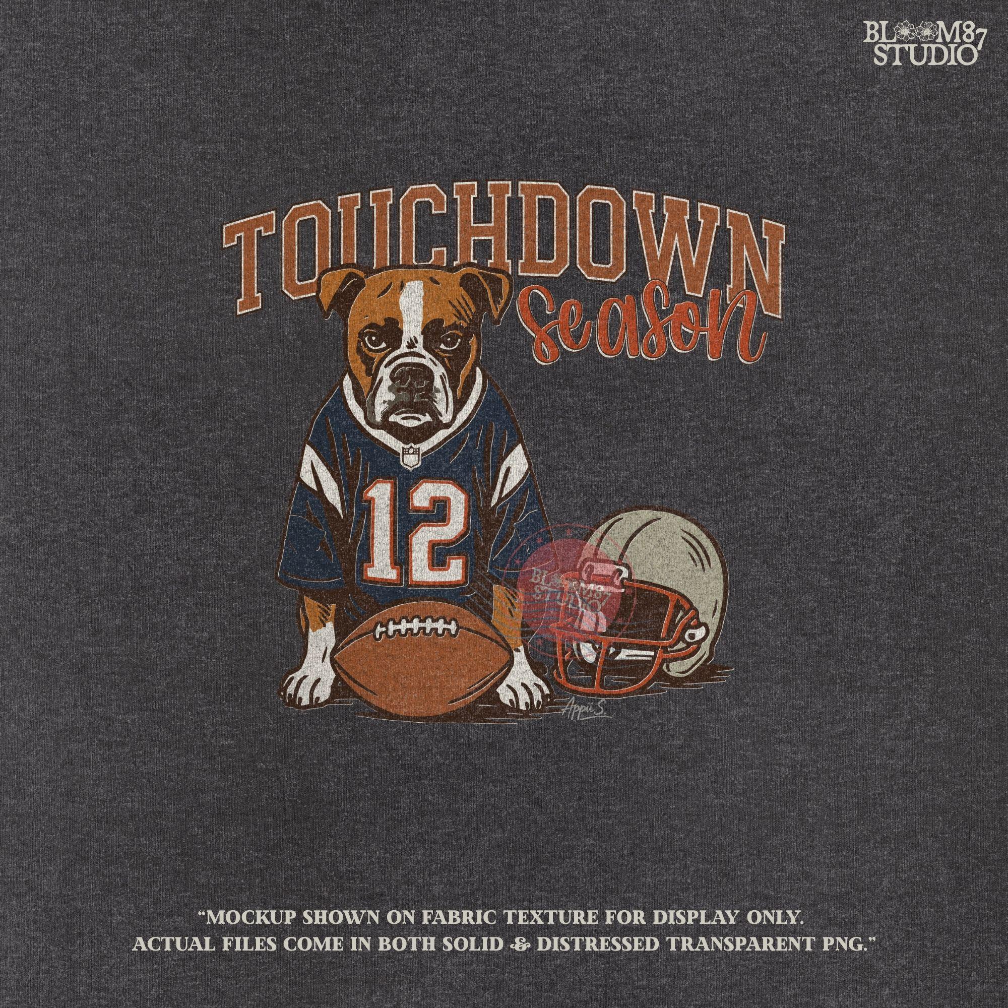 Illustration of a bulldog wearing a football jersey with helmet and ball, text “Touchdown Season” – sublimation PNG for sports fans and dog lovers
