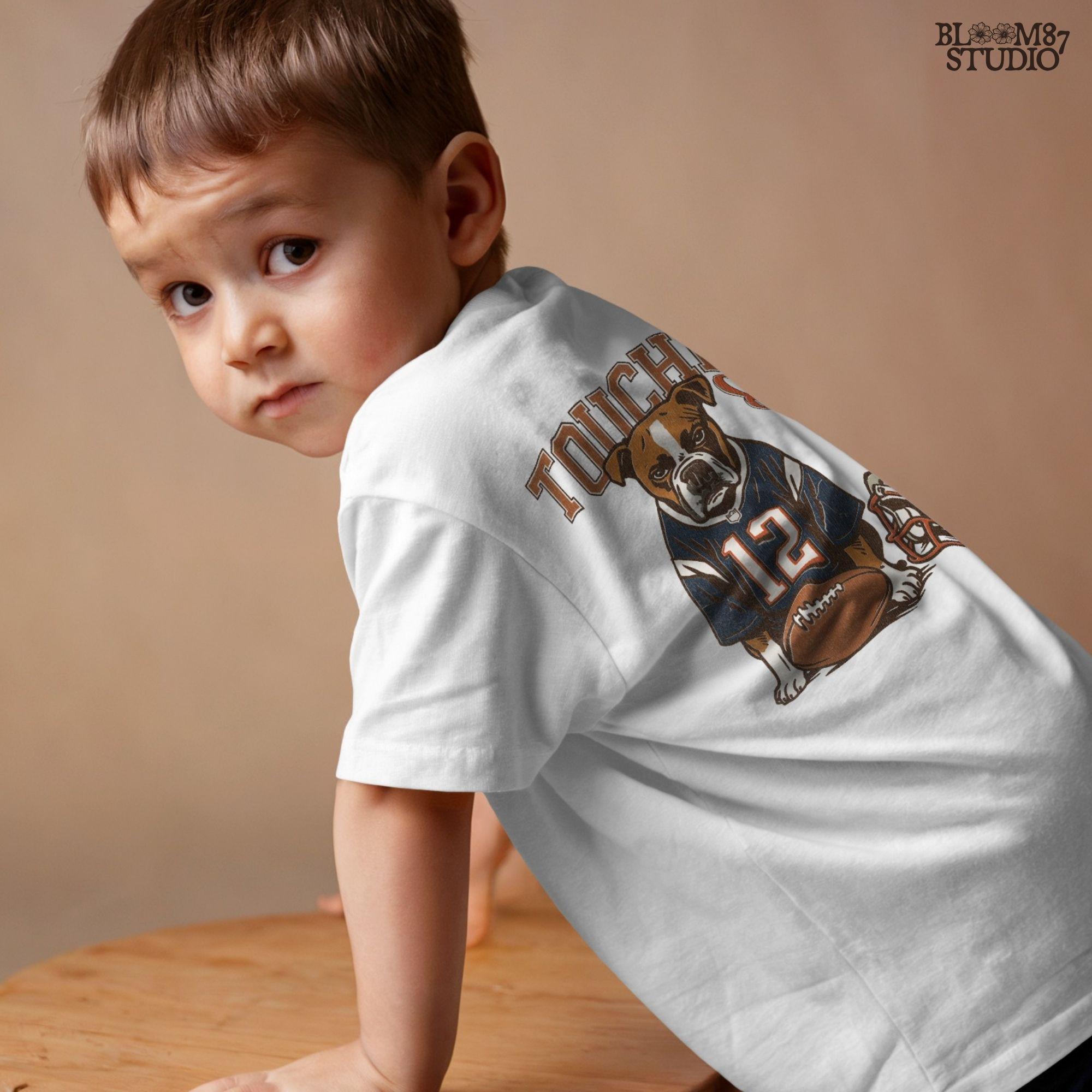 Illustration of a bulldog wearing a football jersey with helmet and ball, text “Touchdown Season” – sublimation PNG for sports fans and dog lovers