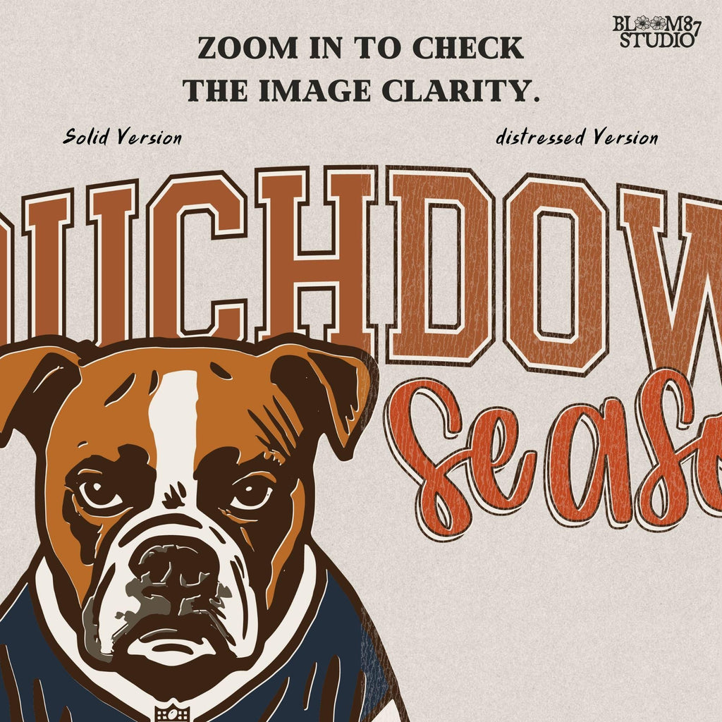 Illustration of a bulldog wearing a football jersey with helmet and ball, text “Touchdown Season” – sublimation PNG for sports fans and dog lovers