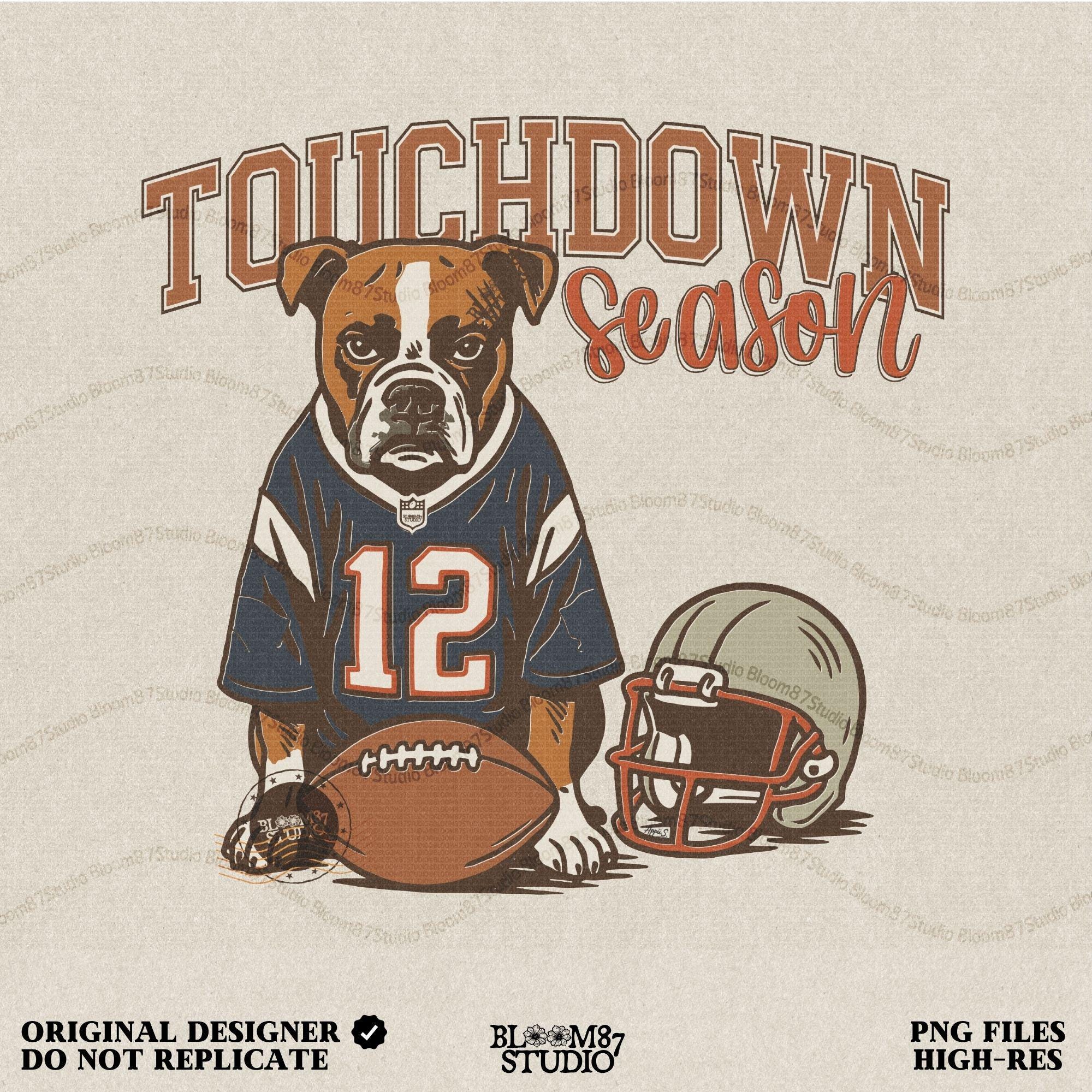 Illustration of a bulldog wearing a football jersey with helmet and ball, text “Touchdown Season” – sublimation PNG for sports fans and dog lovers