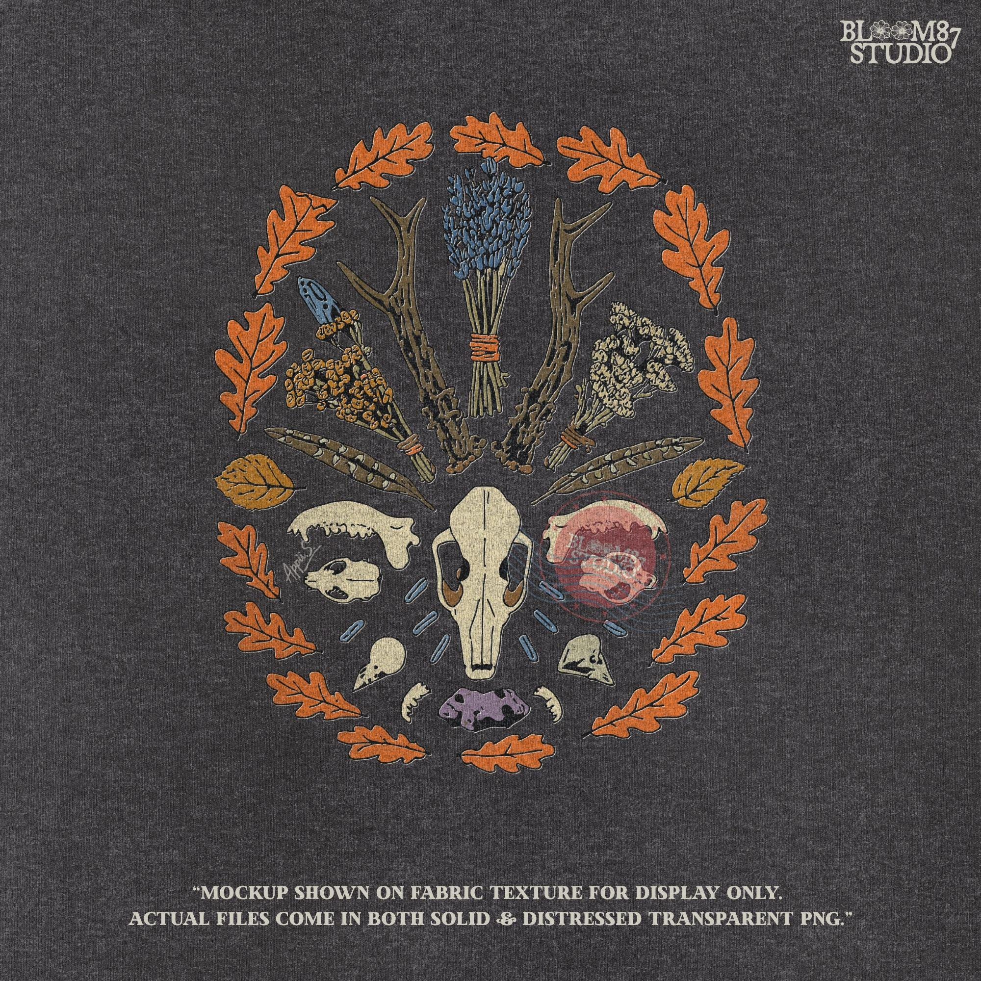 Solid version: "Witchy fall mandala sublimation PNG with deer skull, herbs, feathers, crystals and autumn leaves, solid style"

Distressed version: "Deer skull mandala with herbs, feathers, crystals and autumn leaves, witchy sublimation PNG, distressed vintage style"