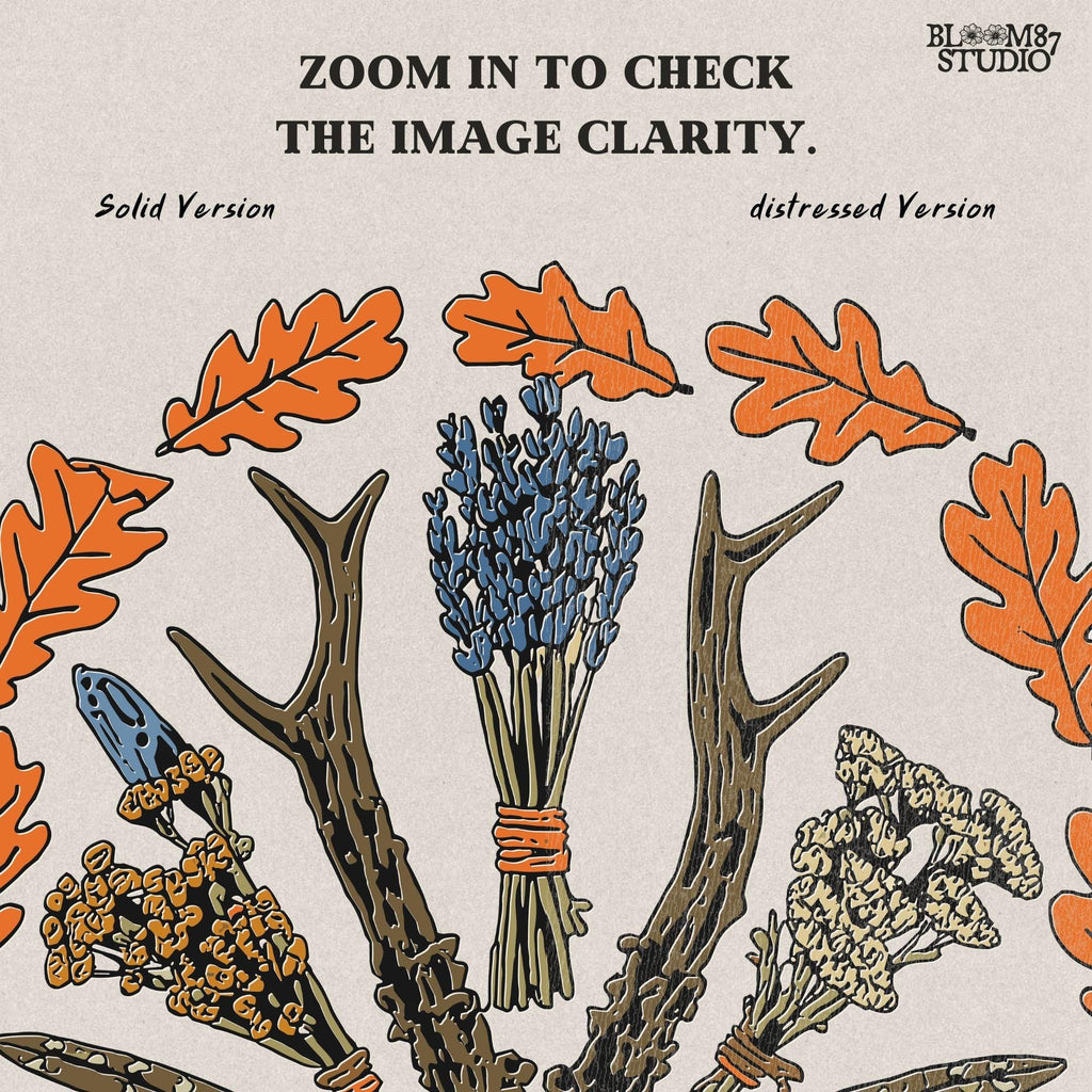 Solid version: "Witchy fall mandala sublimation PNG with deer skull, herbs, feathers, crystals and autumn leaves, solid style"

Distressed version: "Deer skull mandala with herbs, feathers, crystals and autumn leaves, witchy sublimation PNG, distressed vintage style"