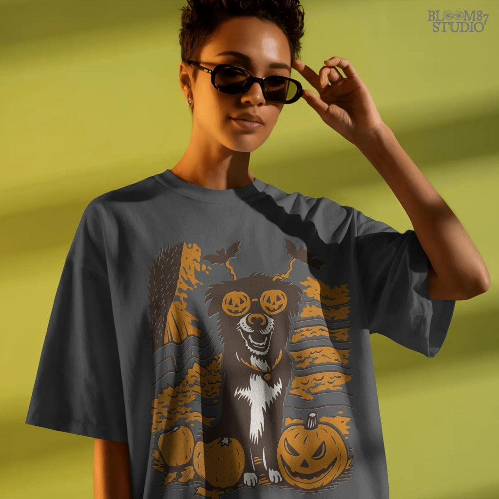 Solid version: "Halloween dog sublimation PNG puppy with pumpkin glasses bats headband and pumpkins solid style"

Distressed version: "Halloween puppy with jack o lantern glasses and pumpkins sublimation PNG design vintage distressed style"