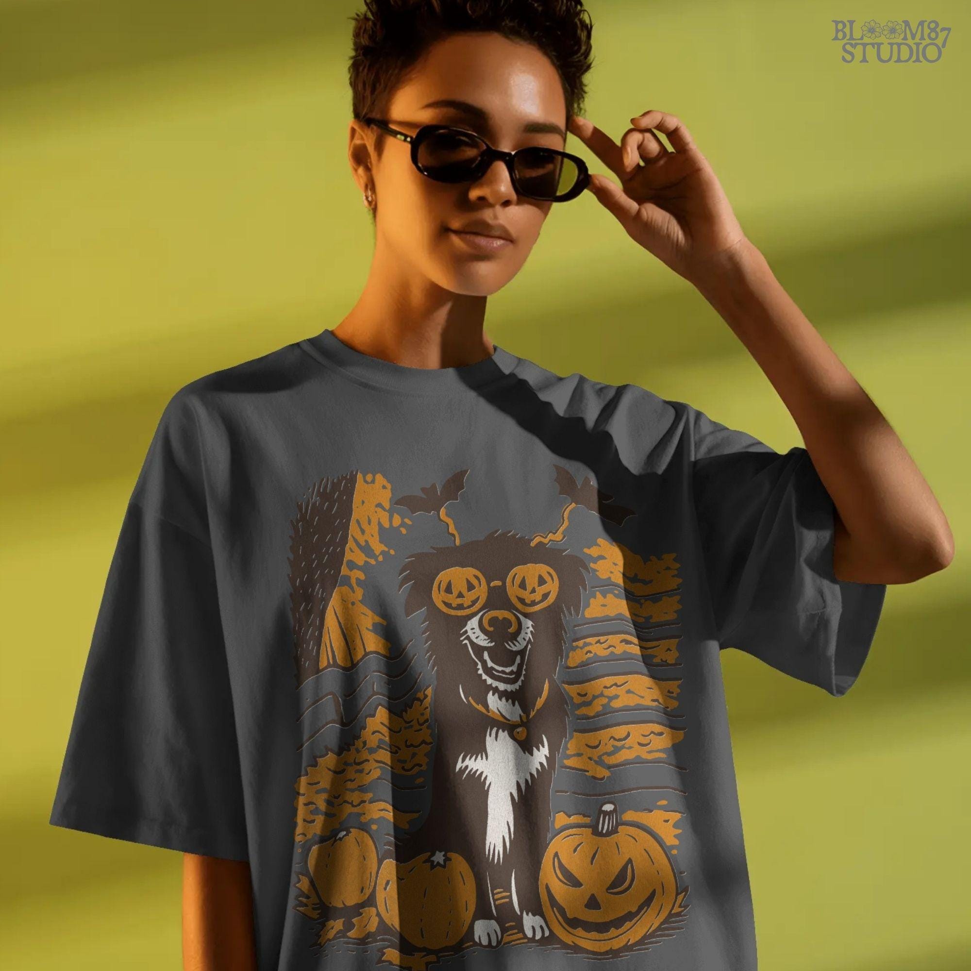 Solid version: "Halloween dog sublimation PNG puppy with pumpkin glasses bats headband and pumpkins solid style"

Distressed version: "Halloween puppy with jack o lantern glasses and pumpkins sublimation PNG design vintage distressed style"