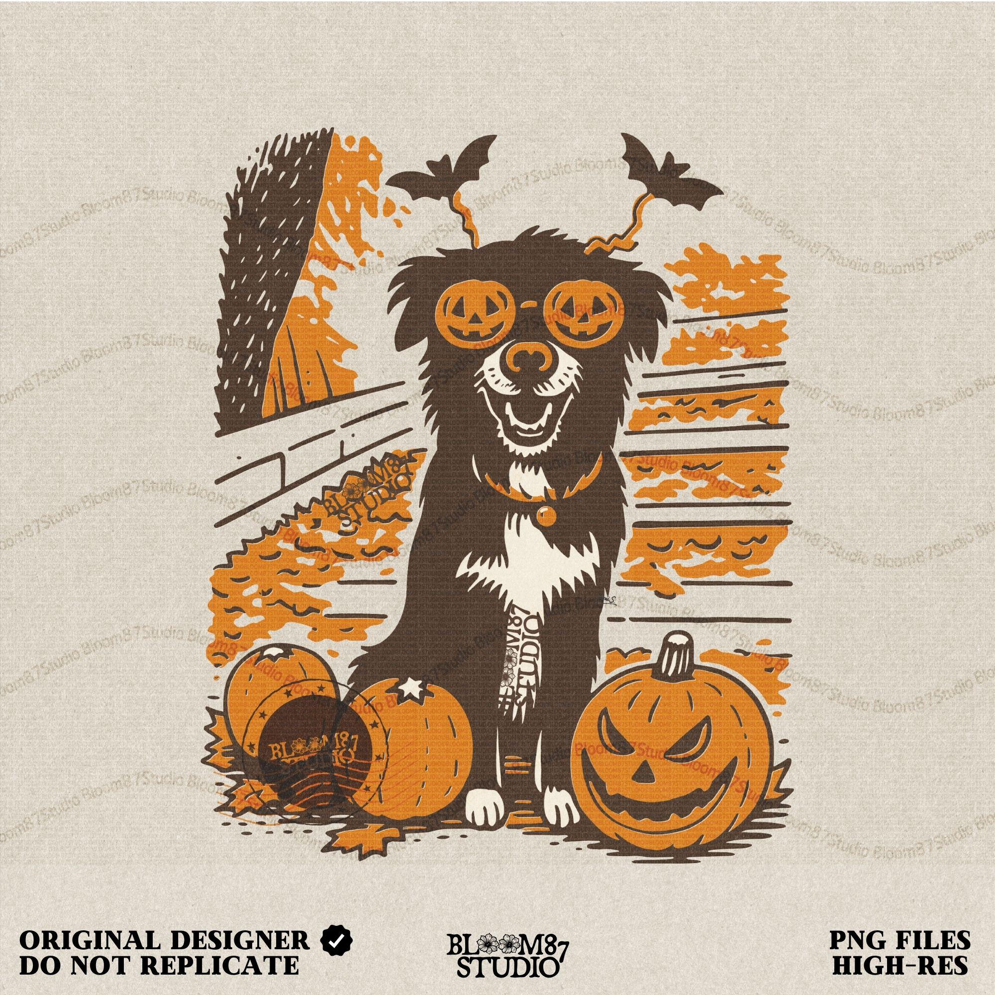 Solid version: "Halloween dog sublimation PNG puppy with pumpkin glasses bats headband and pumpkins solid style"

Distressed version: "Halloween puppy with jack o lantern glasses and pumpkins sublimation PNG design vintage distressed style"