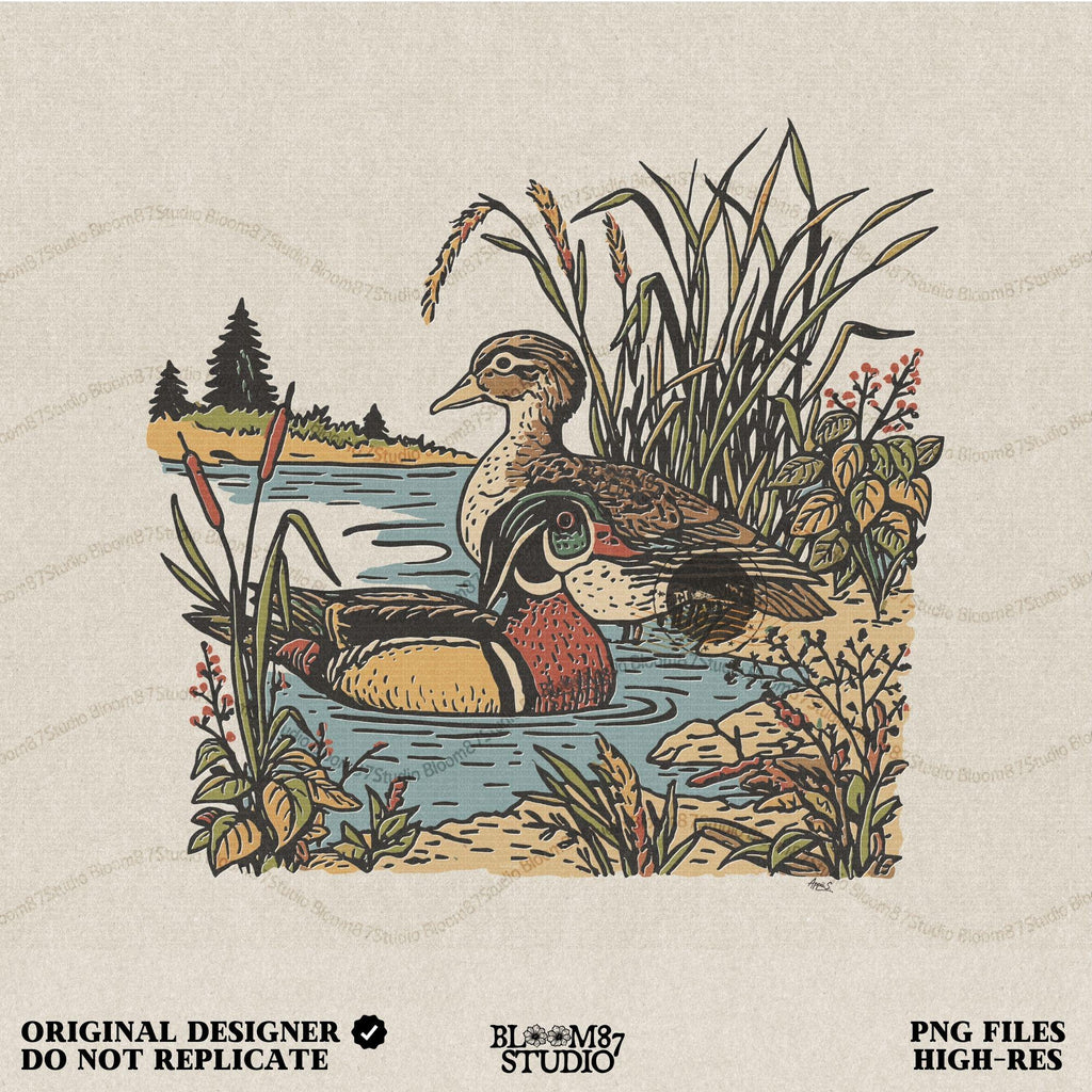 Vintage-style sublimation PNG of two wood ducks in a fall marsh surrounded by cattails and foliage, designed for duck hunting shirts and gifts