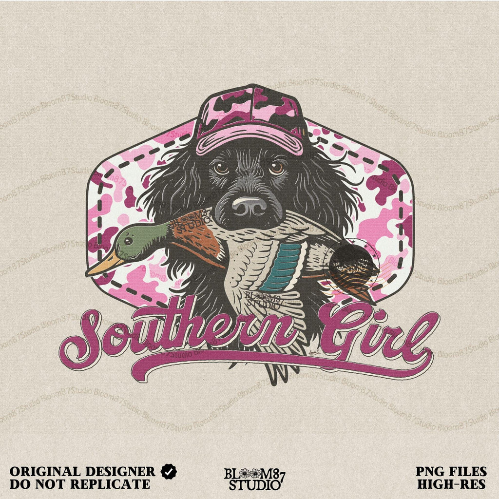Illustration of a black hunting dog wearing a pink camo hat and holding a mallard duck, with “Southern Girl” text and pink camouflage background.