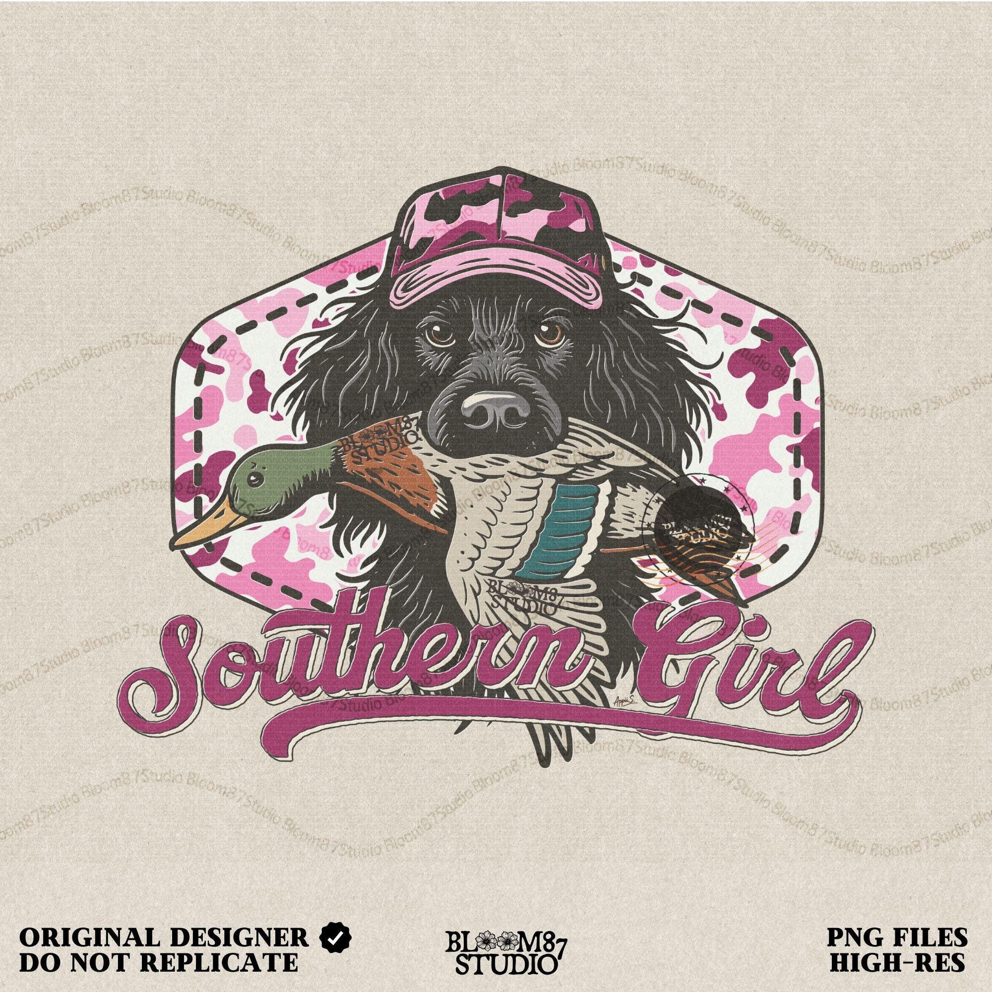 Illustration of a black hunting dog wearing a pink camo hat and holding a mallard duck, with “Southern Girl” text and pink camouflage background.