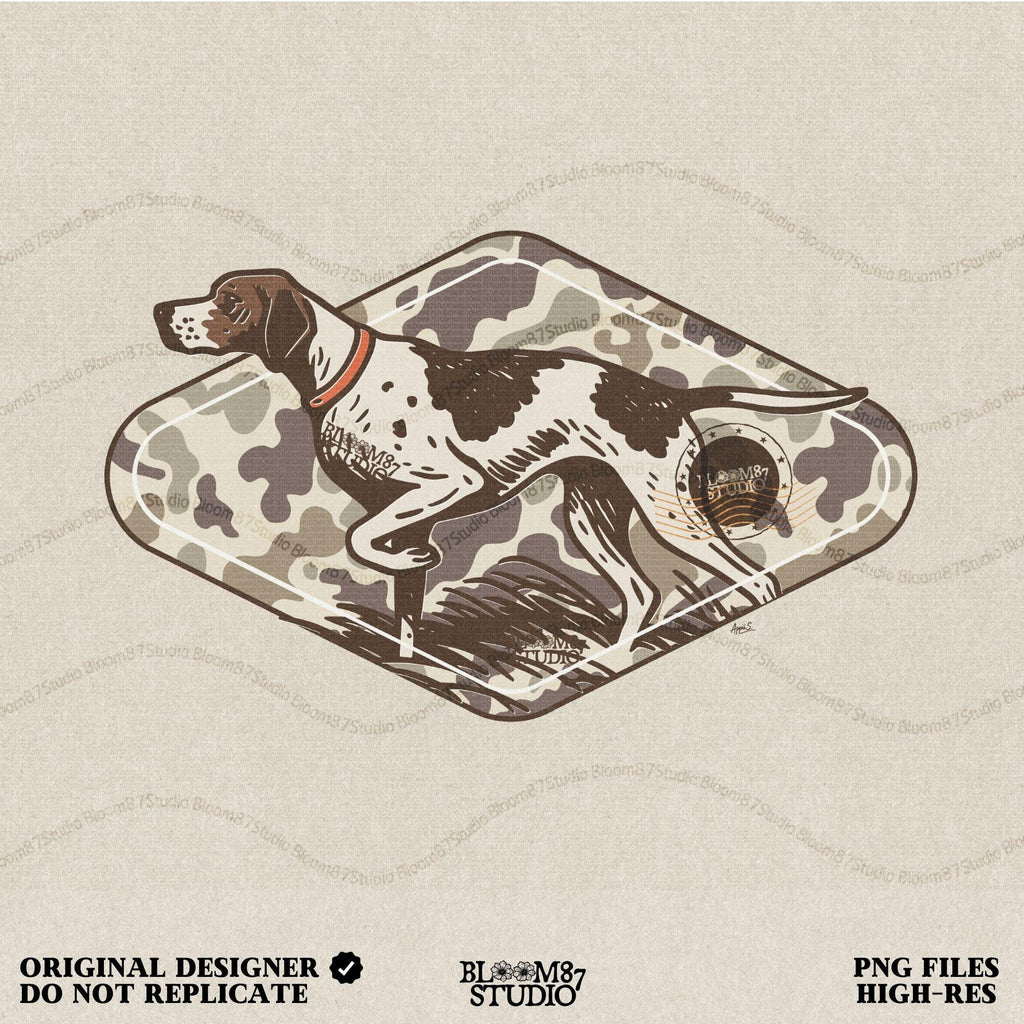 Illustration of a pointer hunting dog in a classic pointing stance on a vintage camo background, designed for upland hunting and outdoor-themed projects.