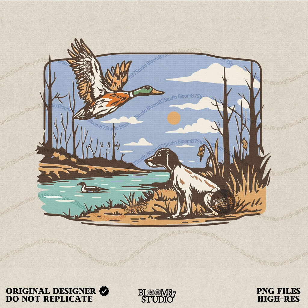 duck hunting png, hunting dog clipart, mallard duck flying png, waterfowl scene png, duck hunter design, flying duck over water, dog and duck clipart, retriever dog illustration, wild game bird png, outdoorsman art