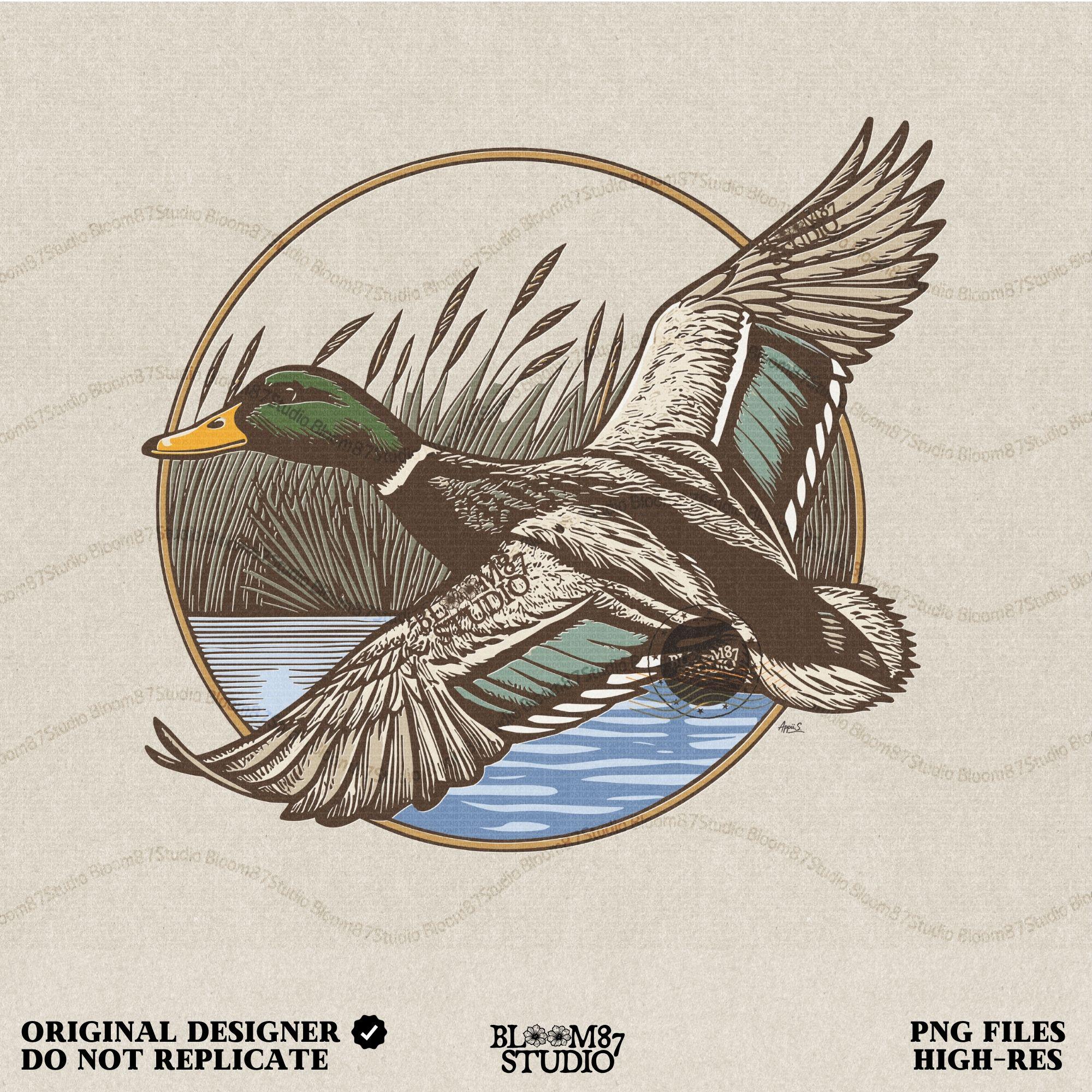 "Vintage flying mallard duck PNG clipart in marsh scene, rustic wildlife sublimation design for duck hunting shirts and outdoor gear"