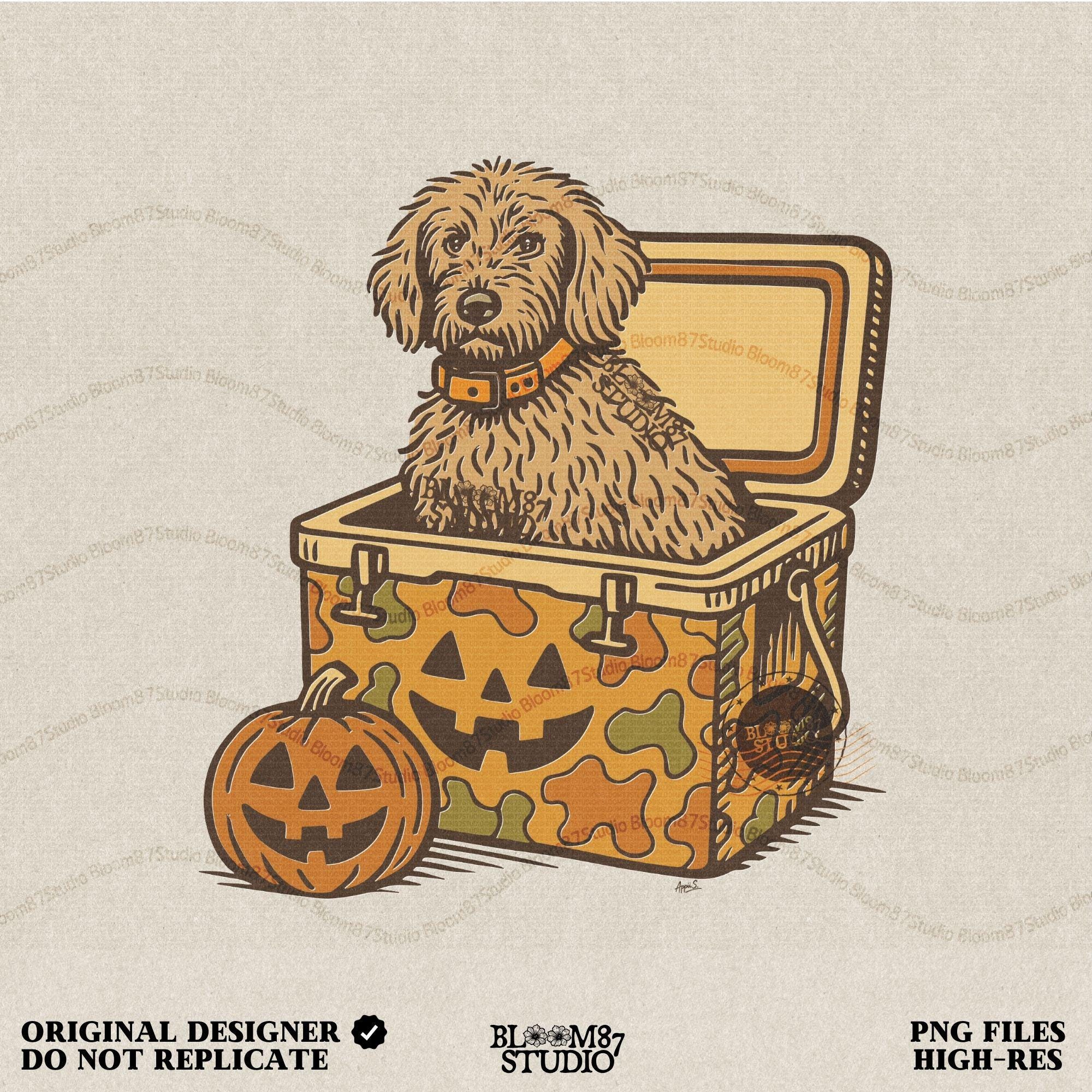 Cute golden doodle dog sitting in a Halloween camo cooler with jack-o’-lantern face, fall-themed sublimation graphic on transparent background.