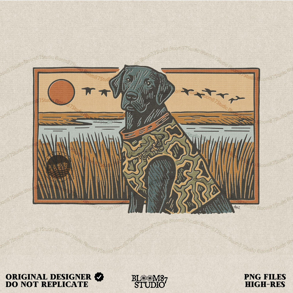 Camo-clad black Labrador retriever sitting in a grassy marsh with flying ducks and a sunset background, digital PNG for hunting dog sublimation designs.