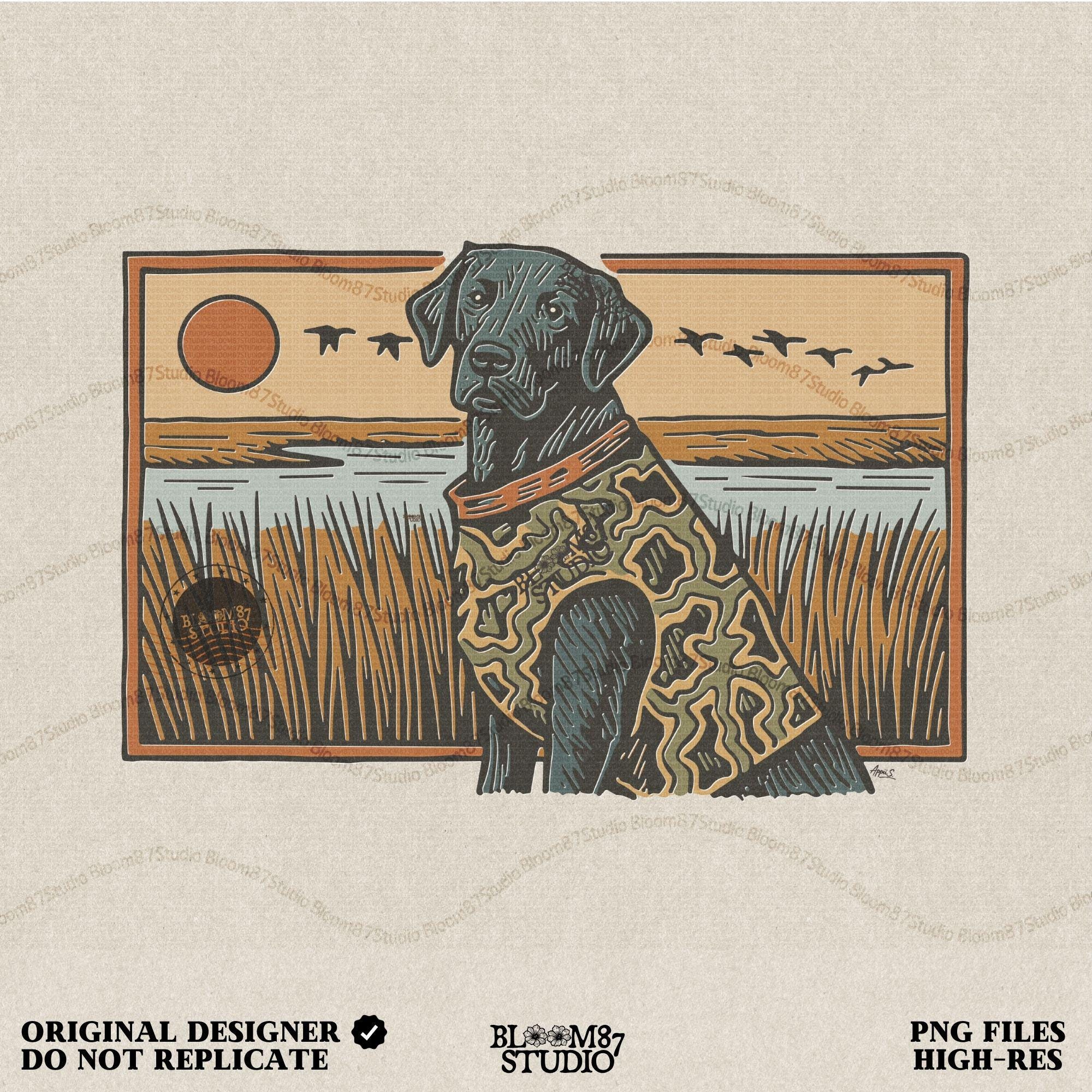 Camo-clad black Labrador retriever sitting in a grassy marsh with flying ducks and a sunset background, digital PNG for hunting dog sublimation designs.