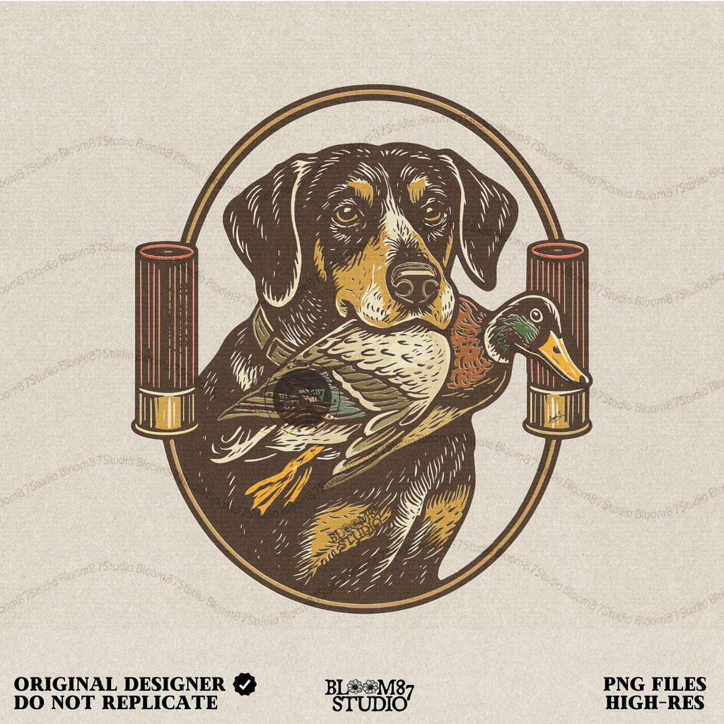 "Duck hunting dog PNG with mallard and shotgun shells, vintage retriever badge style sublimation for hunting shirt designs"