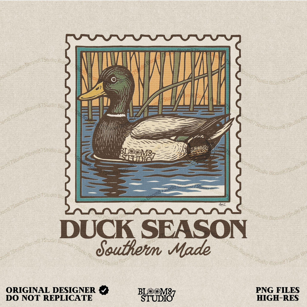 Vintage stamp-style mallard duck floating in water with forest background and text “Duck Season – Southern Made” in retro serif font.