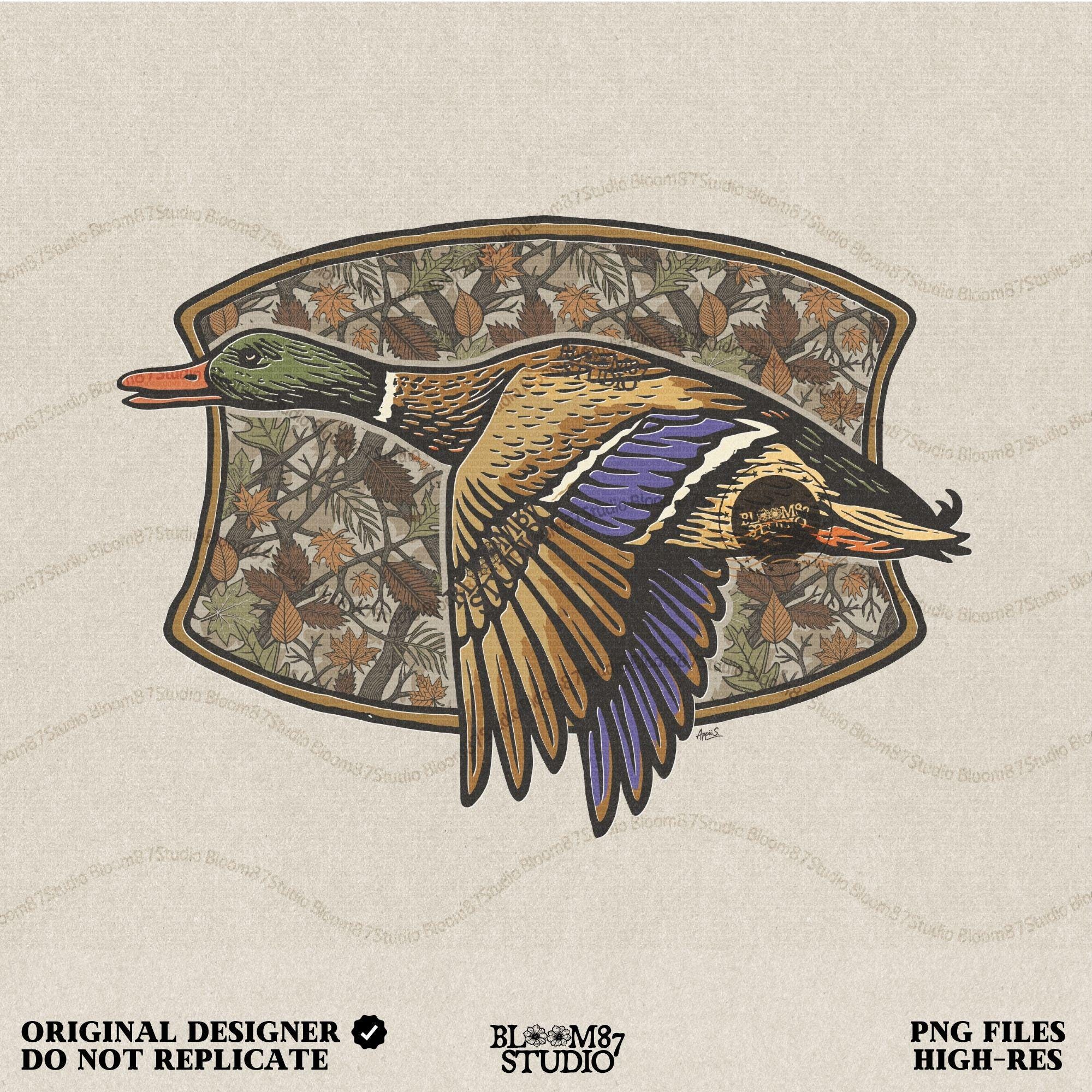Illustration of a flying mallard duck over a fall camouflage background with oak and maple leaves, designed for hunting-themed sublimation and outdoor shirts.