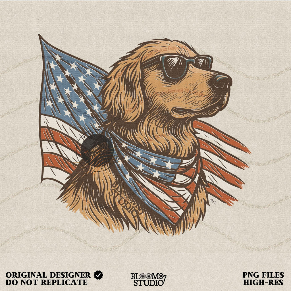 Golden retriever wearing sunglasses and American flag bandana with patriotic cape flowing behind in red, white, and blue design.