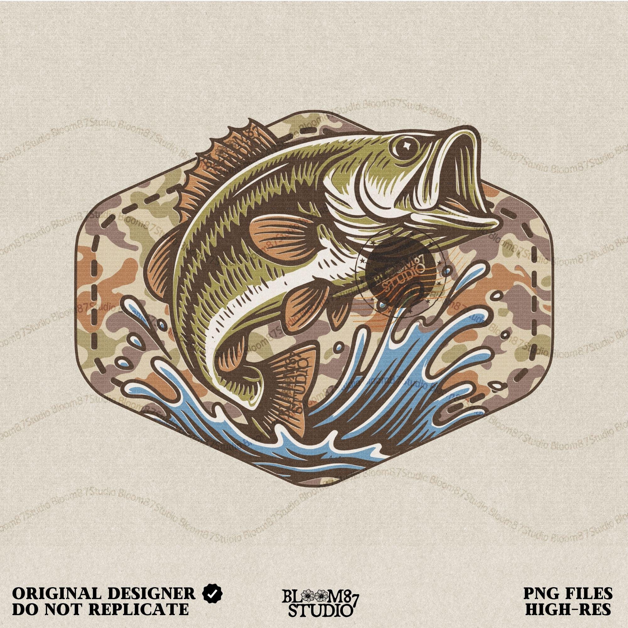 Illustration of a largemouth bass jumping from water with a camo background, designed for fishing-themed sublimation and outdoorsman shirt printing.