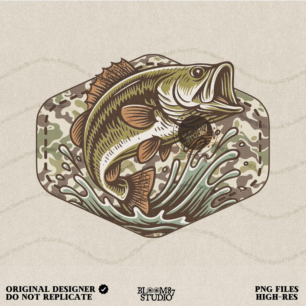 Jumping bass fish over camouflage background with splashing water, perfect for summer fishing and patriotic outdoor-themed designs.