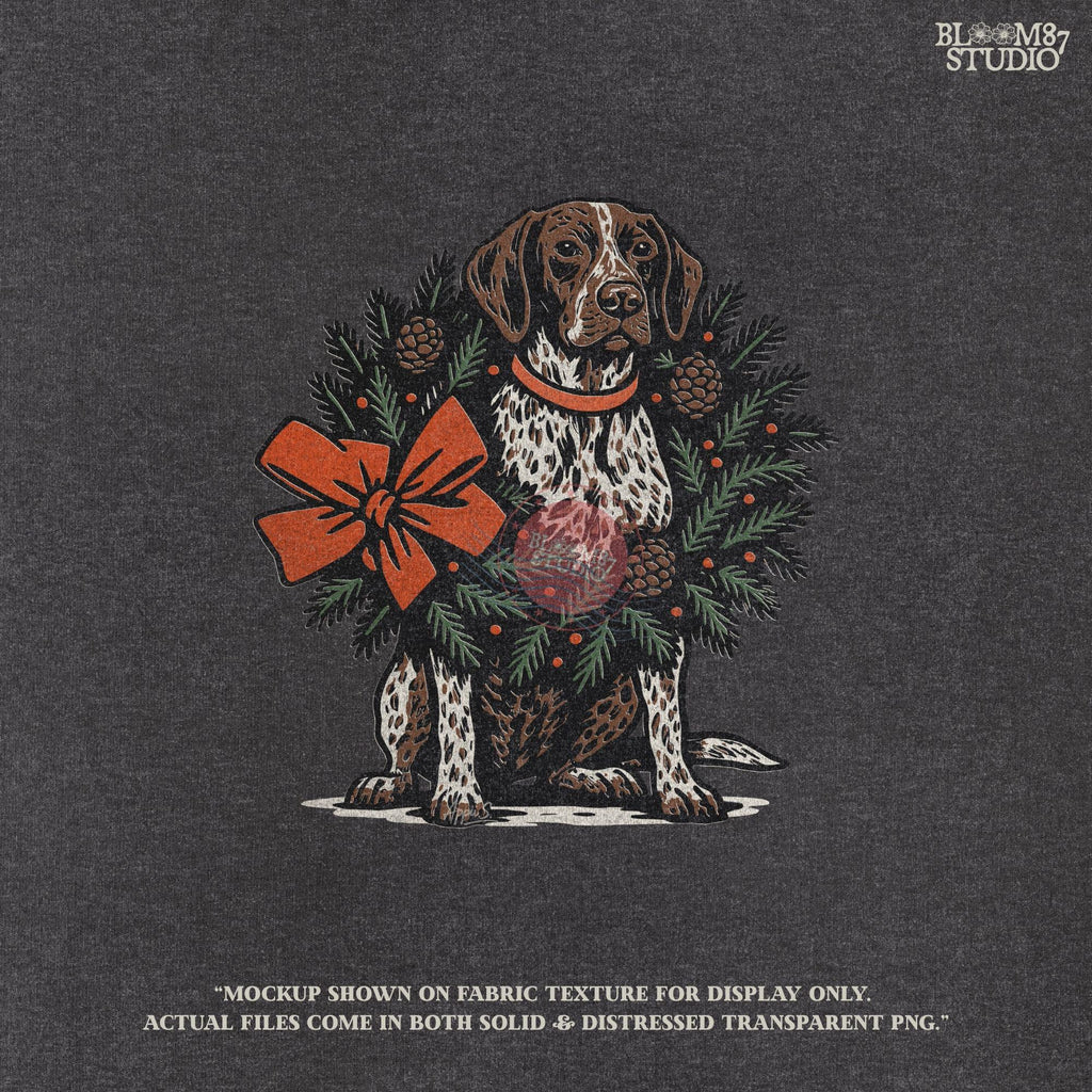 Solid version: "Christmas German Shorthaired Pointer sublimation PNG dog sitting in holiday wreath with pinecones and red bow festive clipart solid style"

Distressed version: "German Shorthaired Pointer Christmas dog in wreath with pinecones greenery and bow sublimation PNG rustic holiday clipart distressed style"