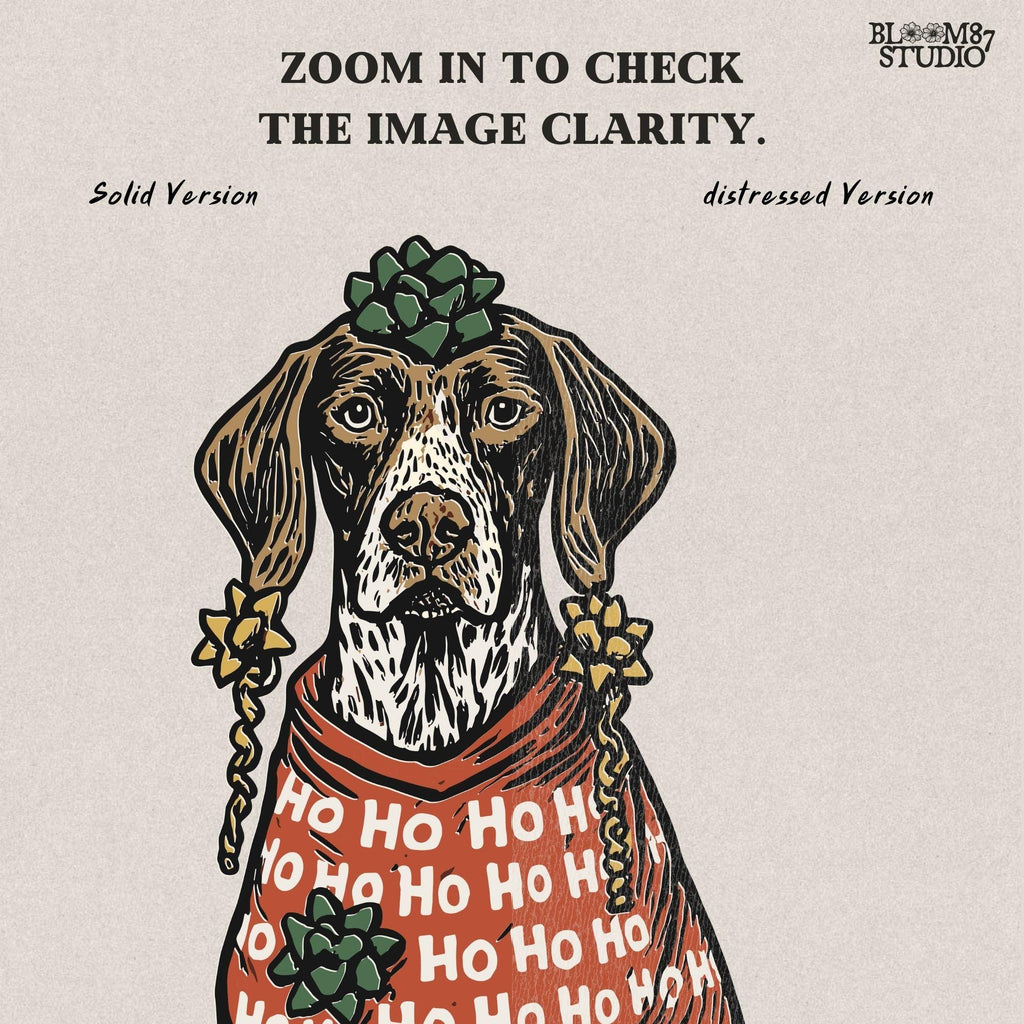 Solid version: "Christmas German Shorthaired Pointer sublimation PNG dog in red Ho Ho Ho sweater with gift bows holiday clipart solid style"

Distressed version: "German Shorthaired Pointer sublimation PNG dog wrapped like gift in Ho Ho Ho sweater with bows rustic holiday clipart distressed style"