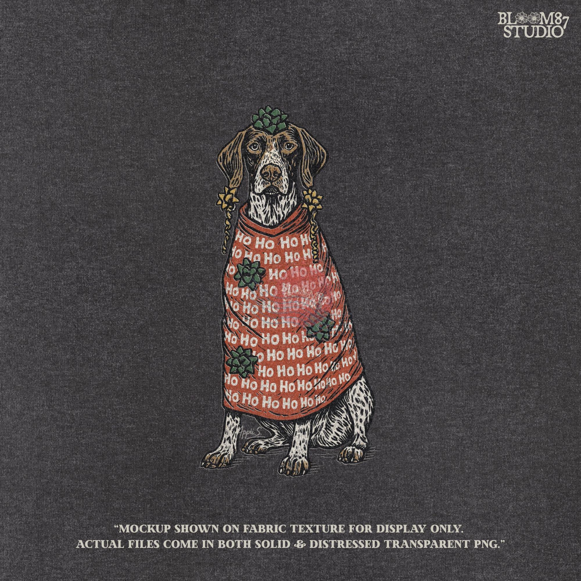 Solid version: "Christmas German Shorthaired Pointer sublimation PNG dog in red Ho Ho Ho sweater with gift bows holiday clipart solid style"

Distressed version: "German Shorthaired Pointer sublimation PNG dog wrapped like gift in Ho Ho Ho sweater with bows rustic holiday clipart distressed style"