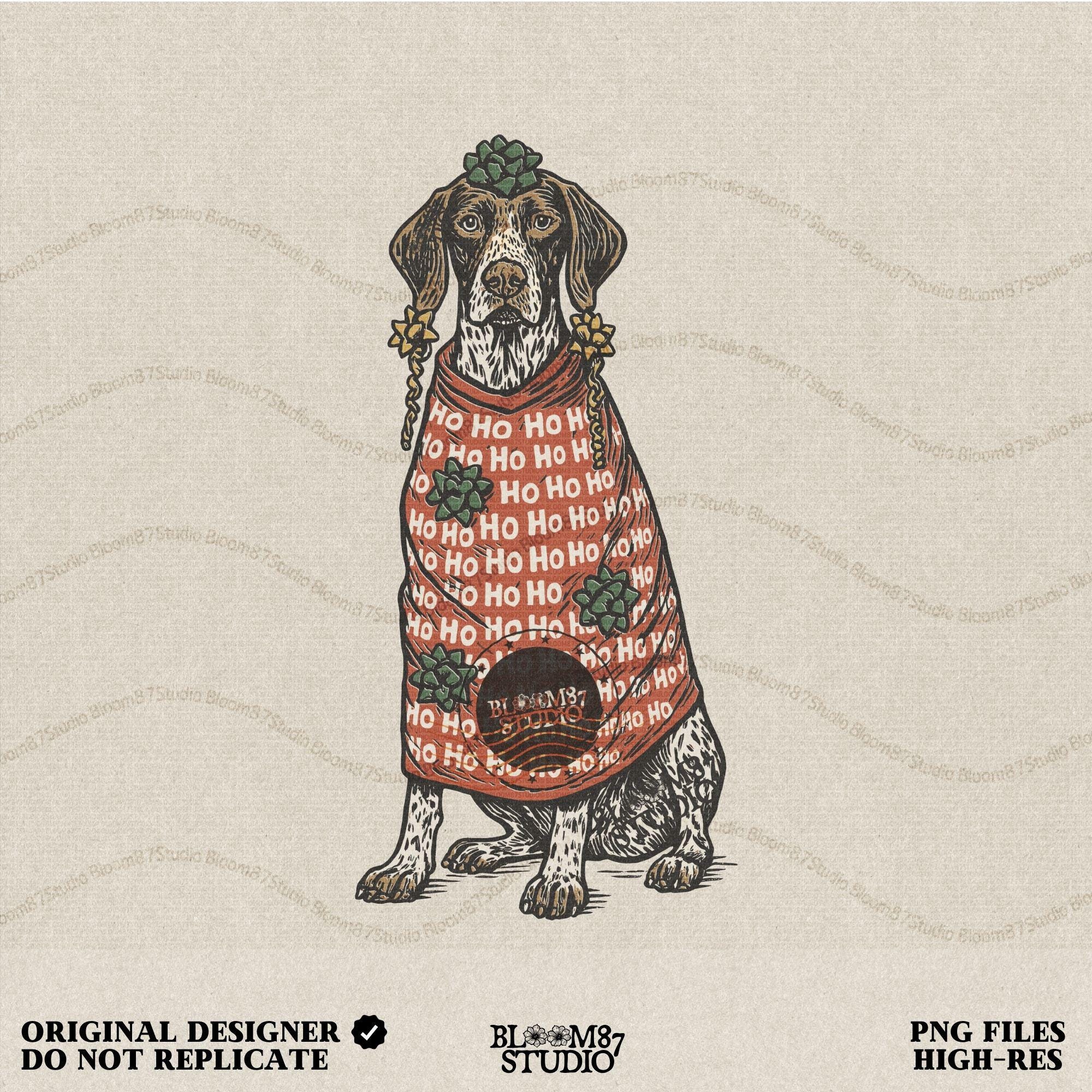 Solid version: "Christmas German Shorthaired Pointer sublimation PNG dog in red Ho Ho Ho sweater with gift bows holiday clipart solid style"

Distressed version: "German Shorthaired Pointer sublimation PNG dog wrapped like gift in Ho Ho Ho sweater with bows rustic holiday clipart distressed style"