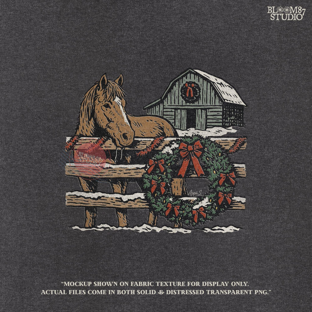 Solid version: "Christmas horse sublimation PNG with rustic barn snowy fence and holiday wreath farmhouse design solid style"

Distressed version: "Rustic Christmas horse with barn and wreath sublimation PNG winter farmhouse holiday clipart distressed style"