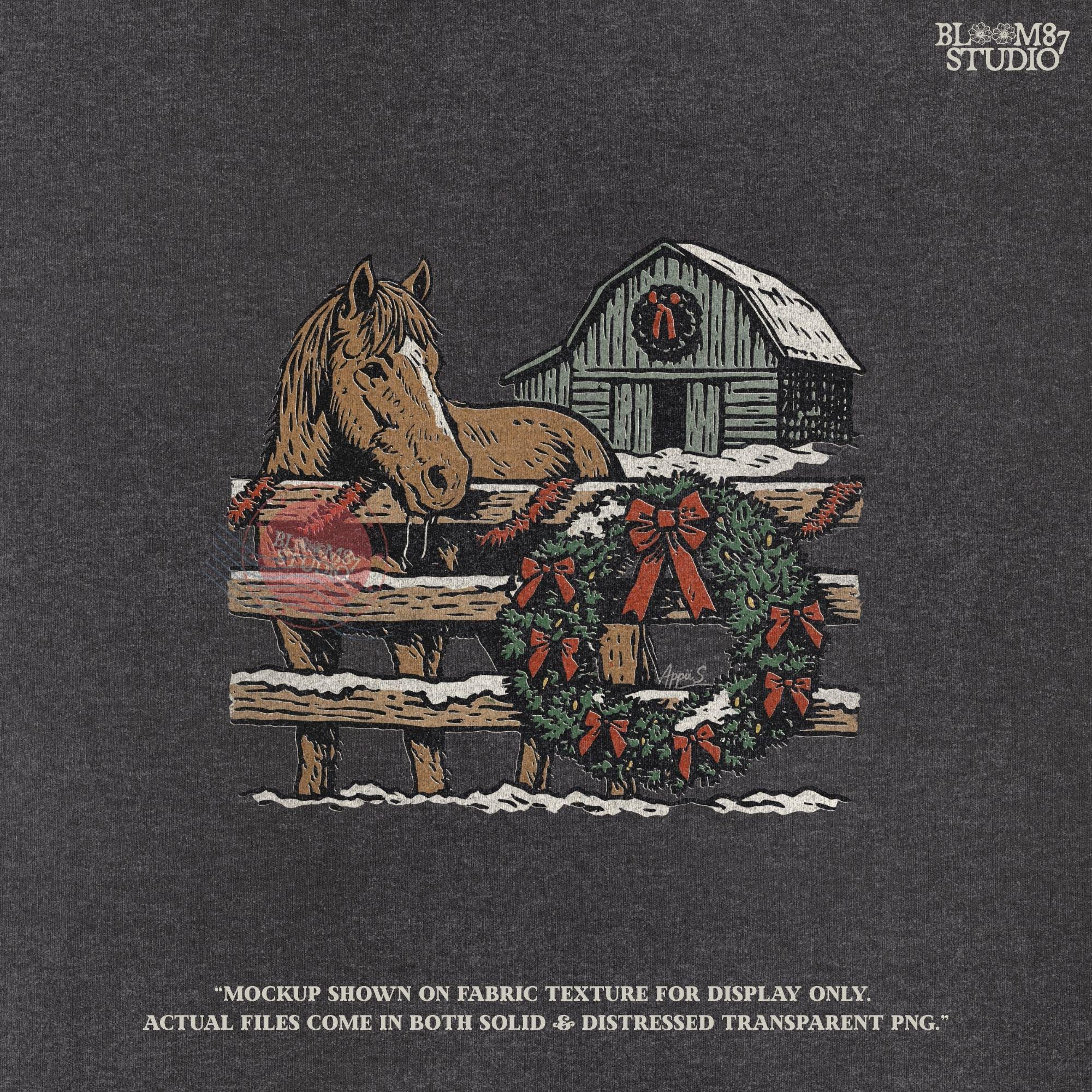Solid version: "Christmas horse sublimation PNG with rustic barn snowy fence and holiday wreath farmhouse design solid style"

Distressed version: "Rustic Christmas horse with barn and wreath sublimation PNG winter farmhouse holiday clipart distressed style"