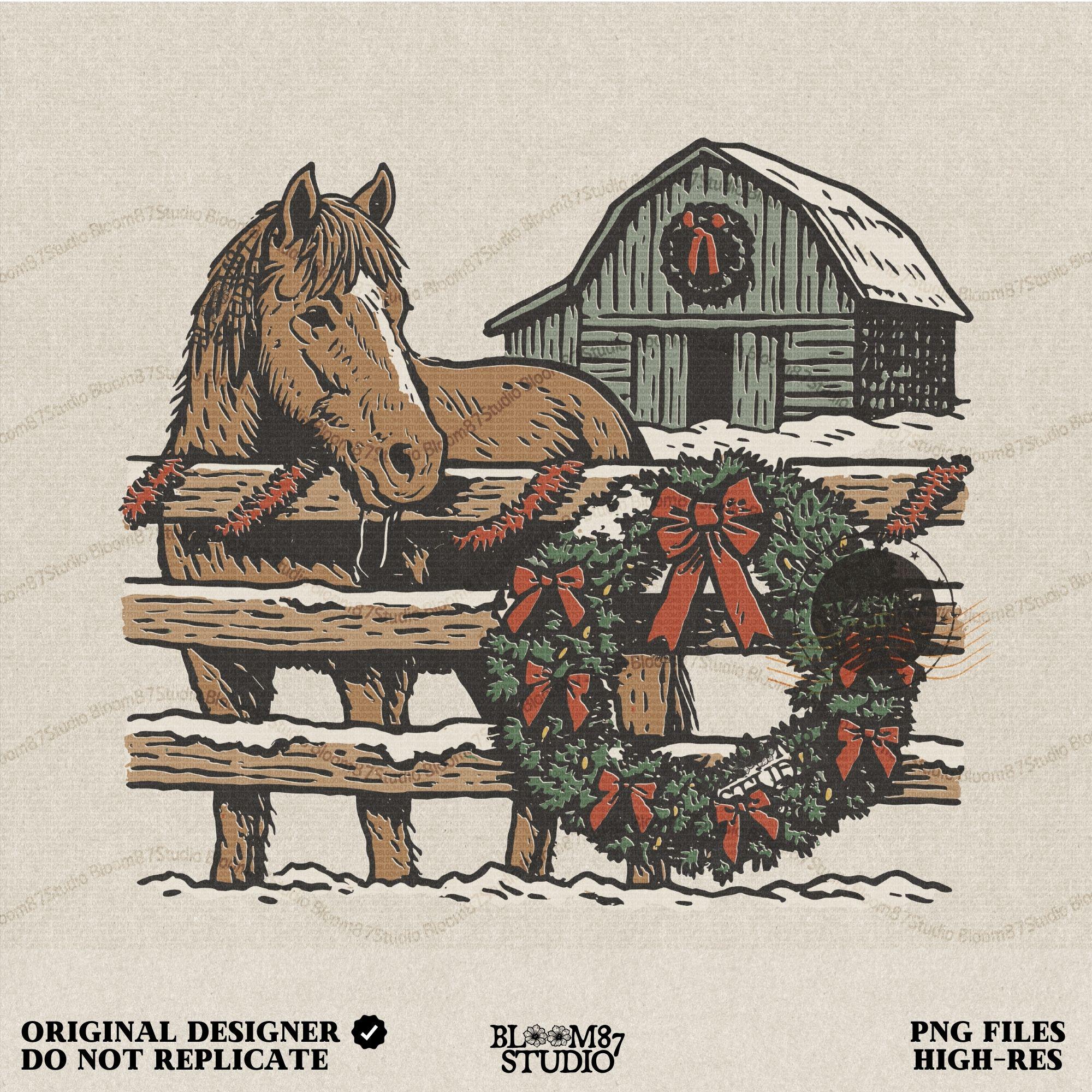 Solid version: "Christmas horse sublimation PNG with rustic barn snowy fence and holiday wreath farmhouse design solid style"

Distressed version: "Rustic Christmas horse with barn and wreath sublimation PNG winter farmhouse holiday clipart distressed style"