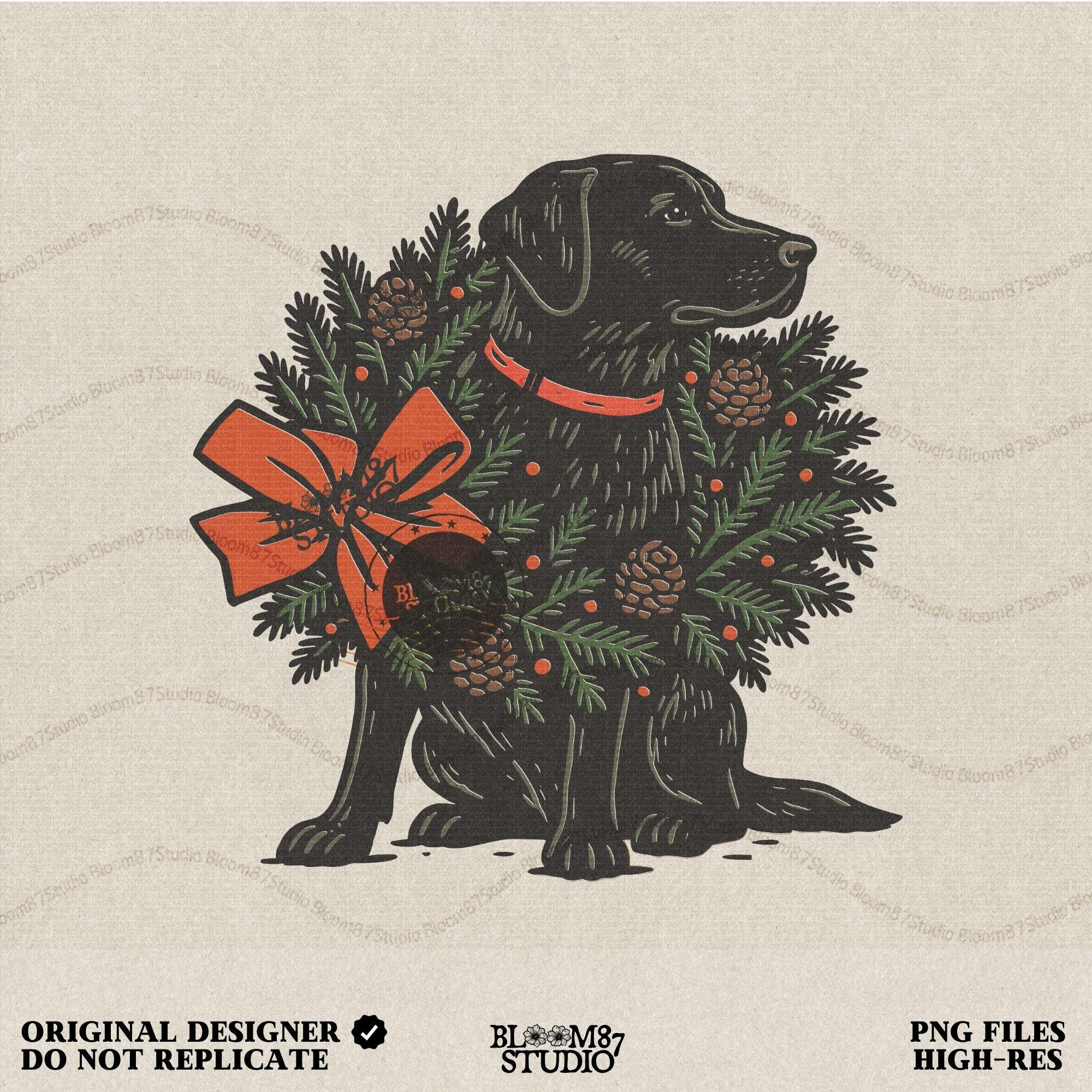 Solid version: "Christmas Black Labrador sublimation PNG dog with festive holiday wreath pinecones and red bow farmhouse design solid style"

Distressed version: "Black Labrador Christmas dog with holiday wreath pinecones and bow sublimation PNG rustic farmhouse clipart distressed style"
