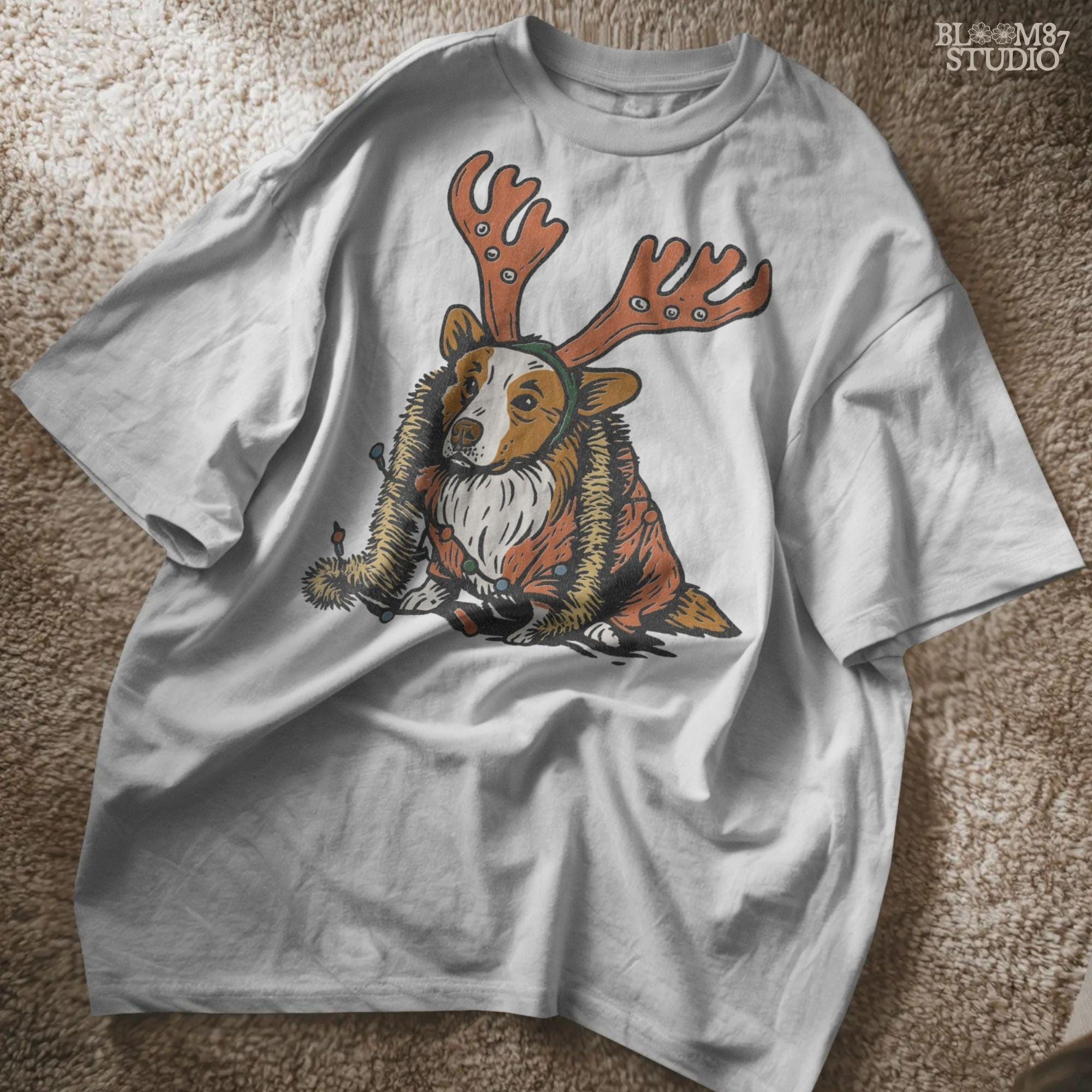 Solid version: "Christmas Corgi sublimation PNG dog in reindeer costume with holiday lights festive clipart solid style"

Distressed version: "Corgi Christmas dog in reindeer outfit with lights sublimation PNG rustic festive clipart distressed style"