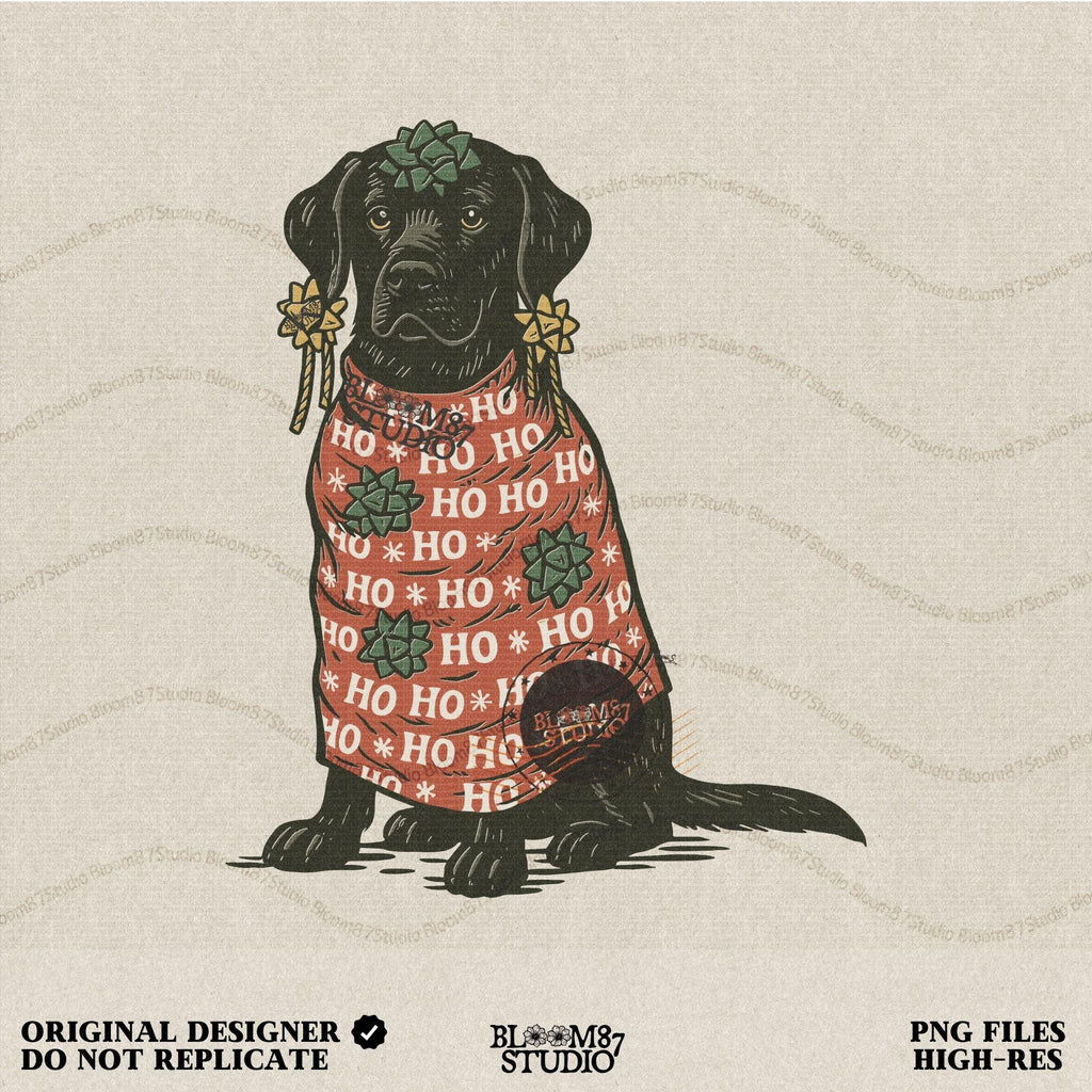 Solid version: "Christmas Black Labrador sublimation PNG dog in red Ho Ho Ho sweater decorated with gift bows holiday clipart solid style"

Distressed version: "Black Labrador Christmas dog in Ho Ho Ho sweater with bows sublimation PNG rustic holiday clipart distressed style"