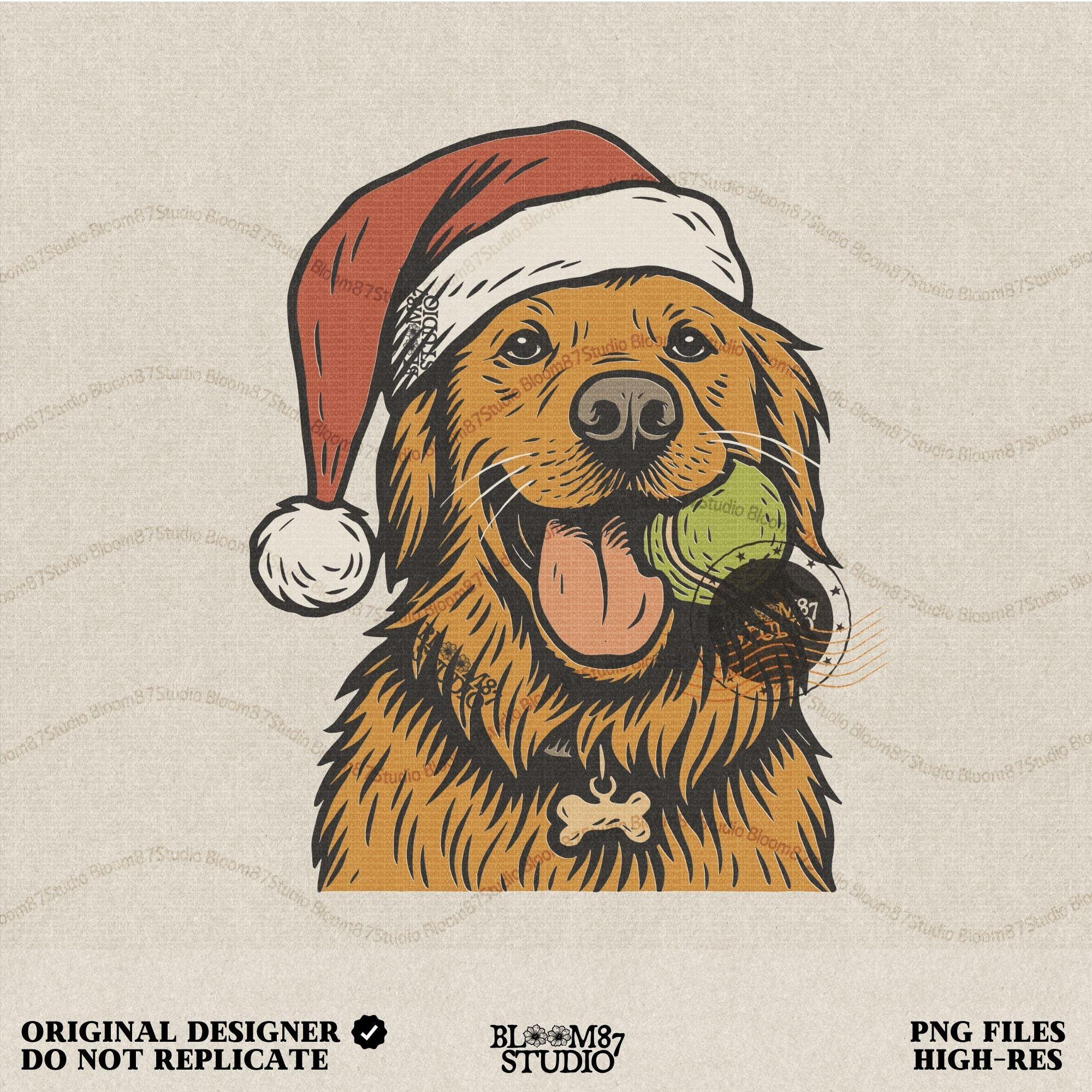 Solid version: "Christmas Golden Retriever sublimation PNG dog in Santa hat holding tennis ball festive holiday clipart solid style"

Distressed version: "Golden Retriever Christmas dog in Santa hat with tennis ball sublimation PNG rustic festive clipart distressed style"