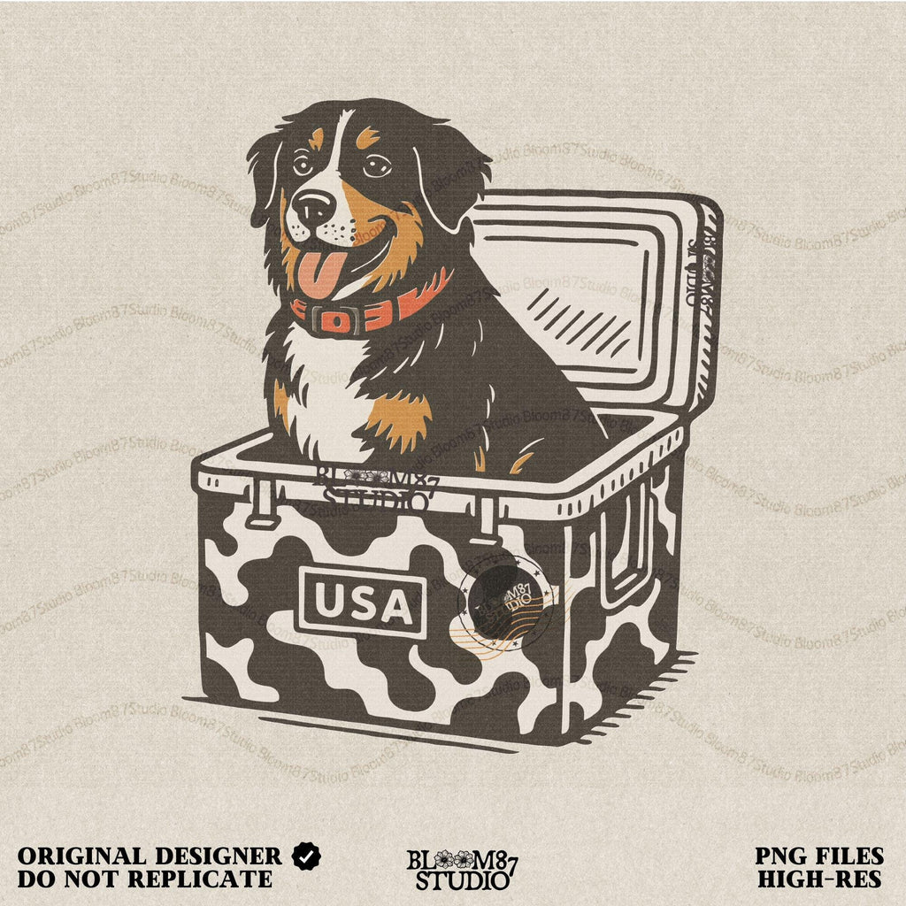 Bernese Mountain Dog sitting in a USA camo cooler, sublimation PNG design for hunting, camping, tailgate, and outdoor lifestyle projects.