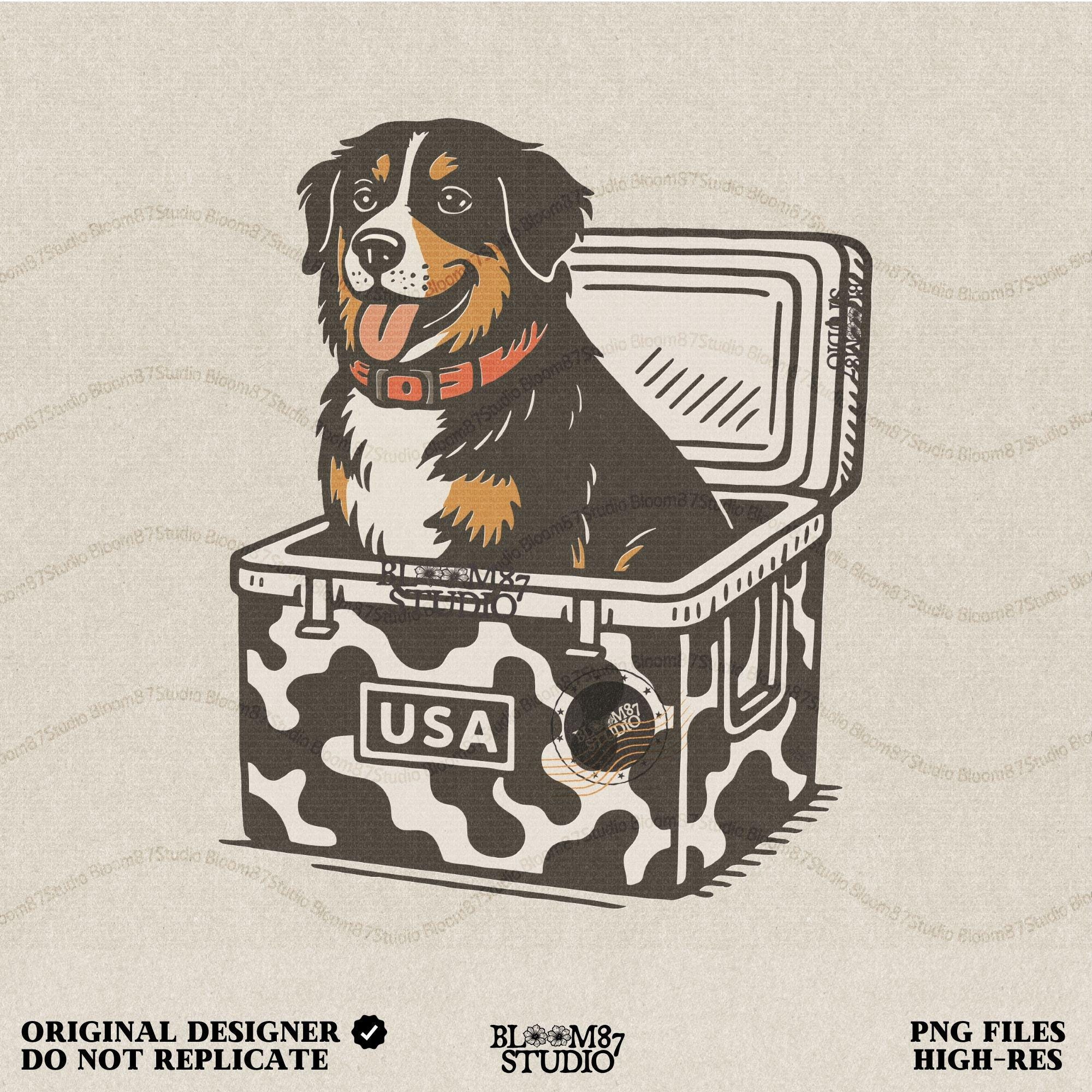 Bernese Mountain Dog sitting in a USA camo cooler, sublimation PNG design for hunting, camping, tailgate, and outdoor lifestyle projects.